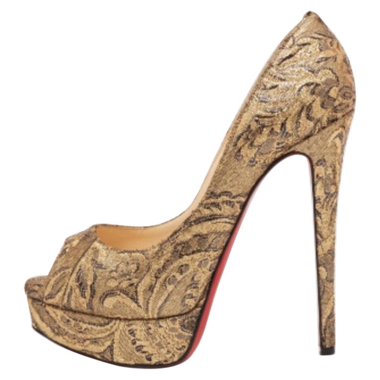 Christian Louboutin Gold Brocade Fabric Lady Peep-Toe Platform Pumps Size 38