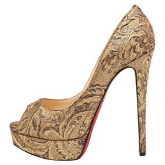 Used Christian Louboutin Gold Brocade Fabric Lady Peep-Toe Platform Pumps Size 38