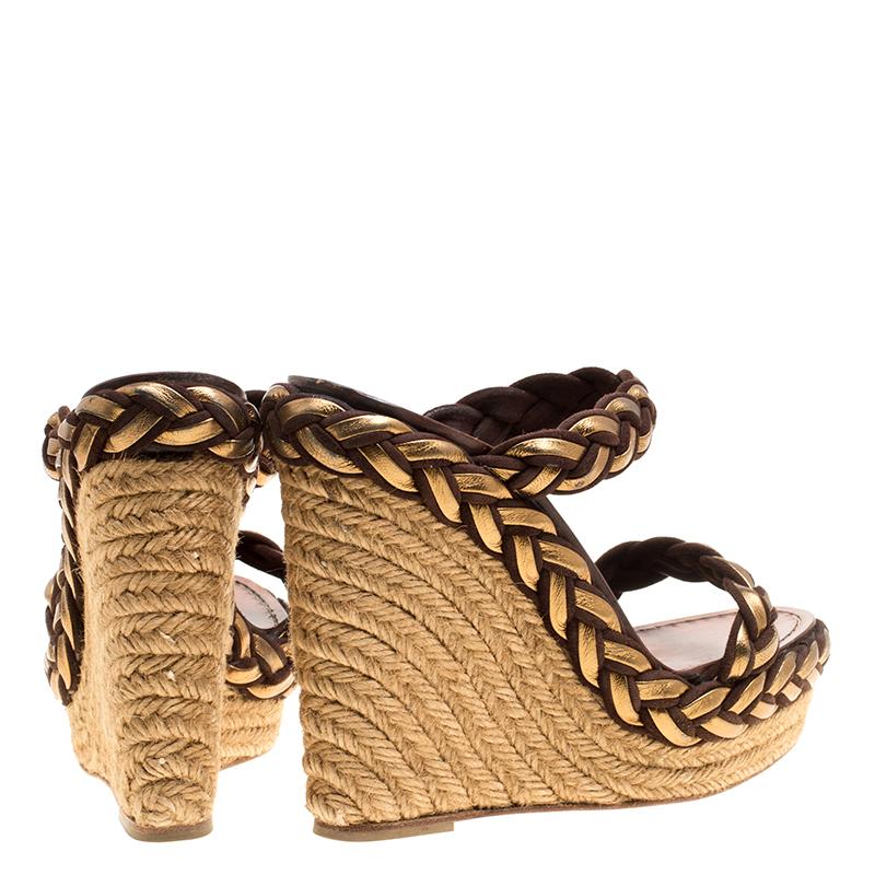Beige Christian Louboutin Gold/Brown Leather and Suede Braided Espadrille Wedge Size 3