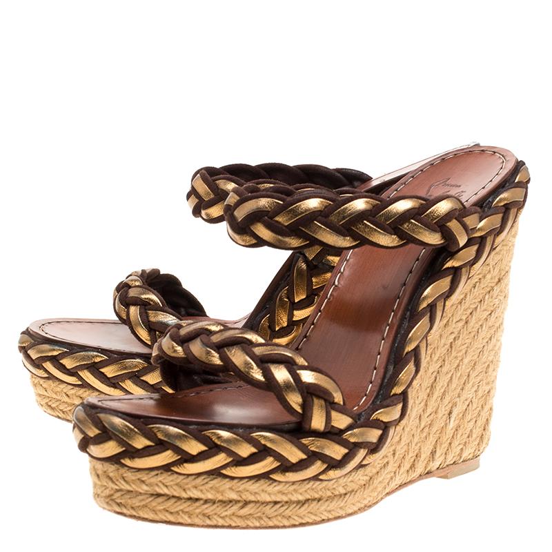 Women's Christian Louboutin Gold/Brown Leather and Suede Braided Espadrille Wedge Size 3