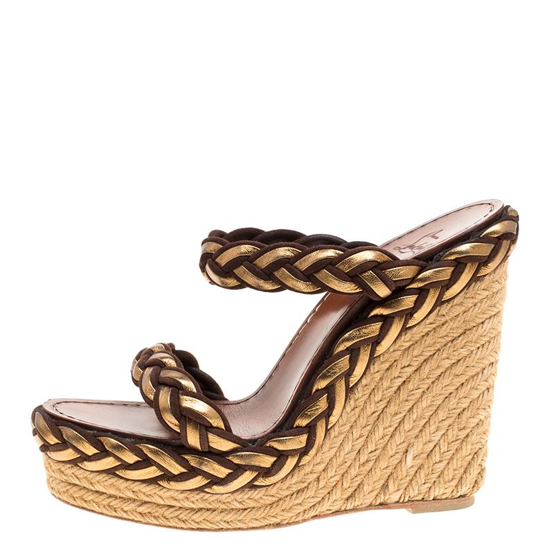 Christian Louboutin Gold/Brown Leather and Suede Braided Espadrille Wedge Size 3 3