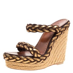 Christian Louboutin Gold/Brown Leather and Suede Braided Espadrille Wedge Size 3