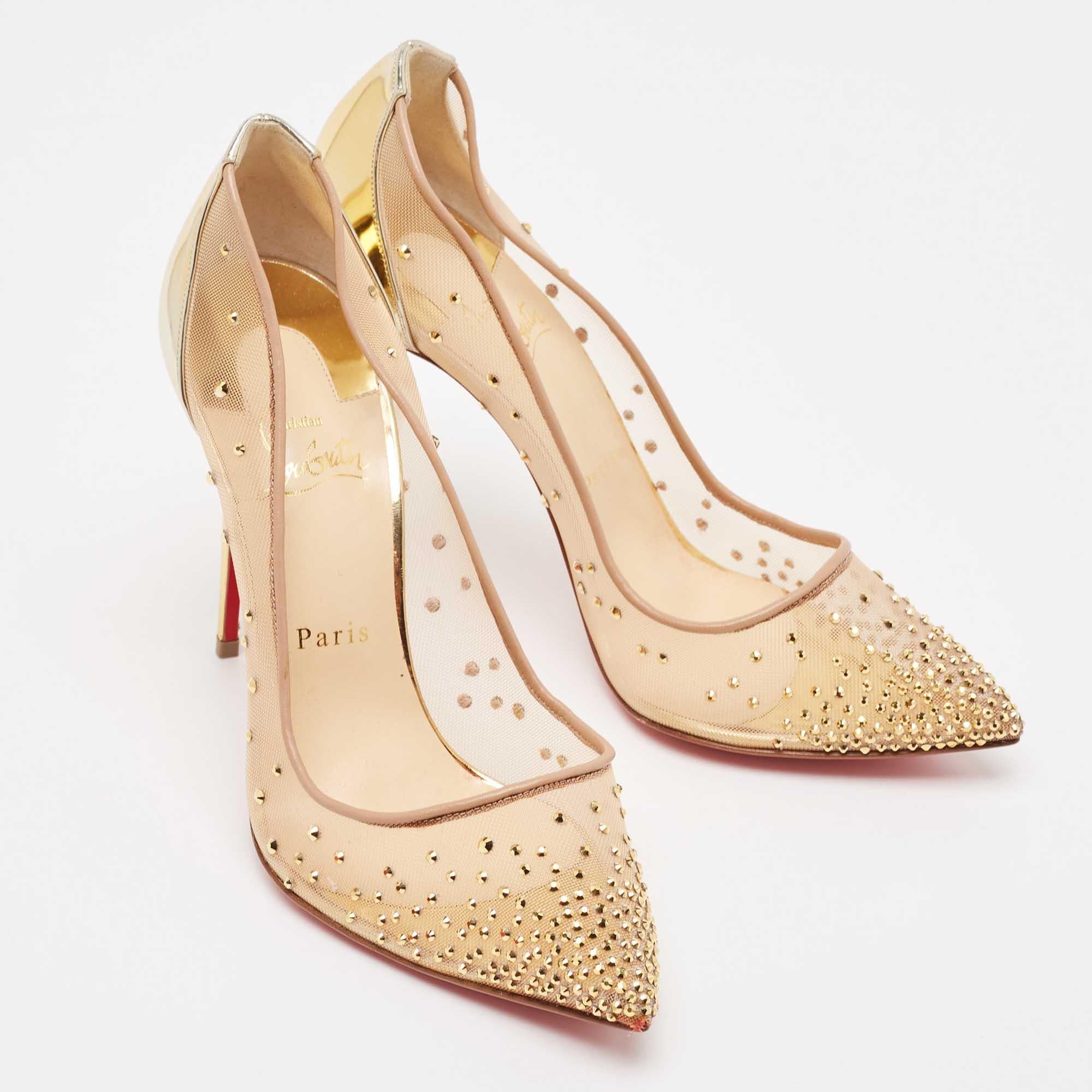 Christian Louboutin Gold Crystal Embellished Leather and Mesh Follies Strass  In Excellent Condition For Sale In Dubai, Al Qouz 2