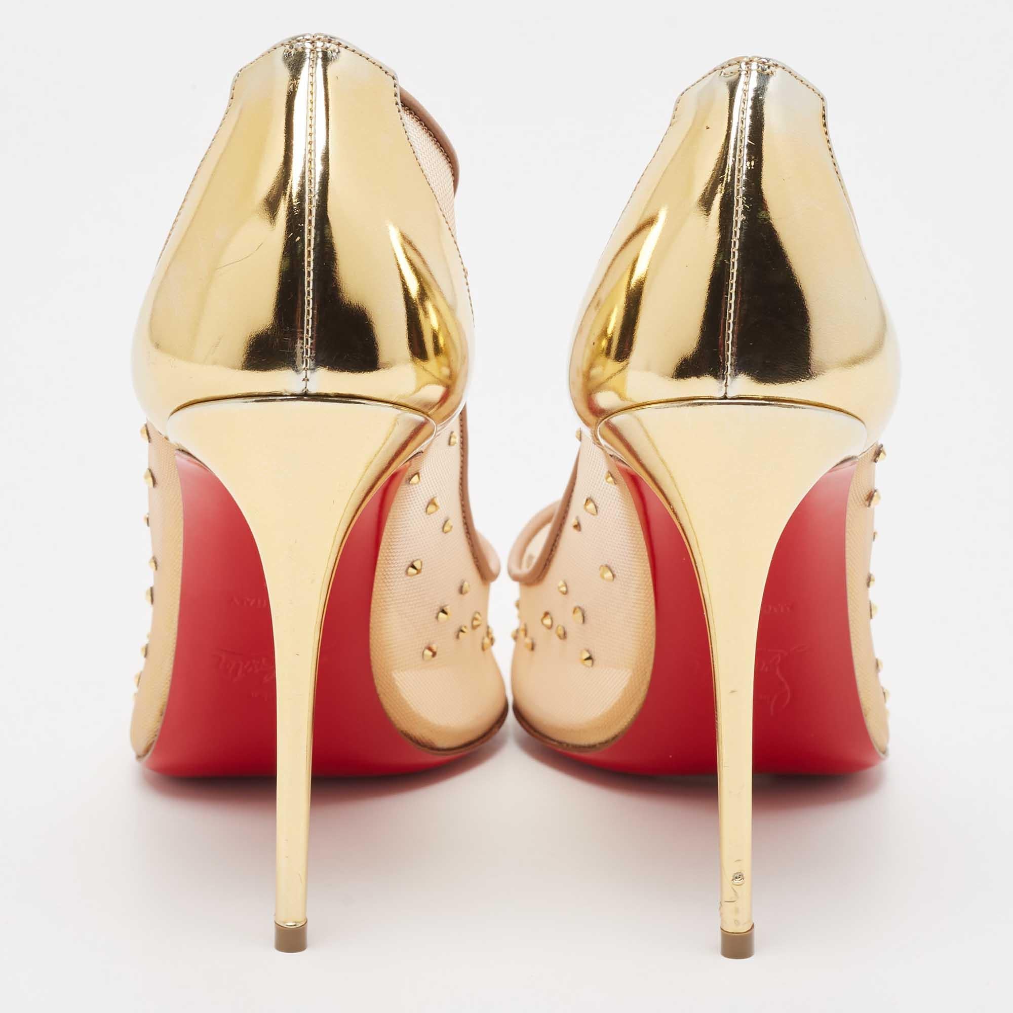 Women's Christian Louboutin Gold Crystal Embellished Leather and Mesh Follies Strass  For Sale