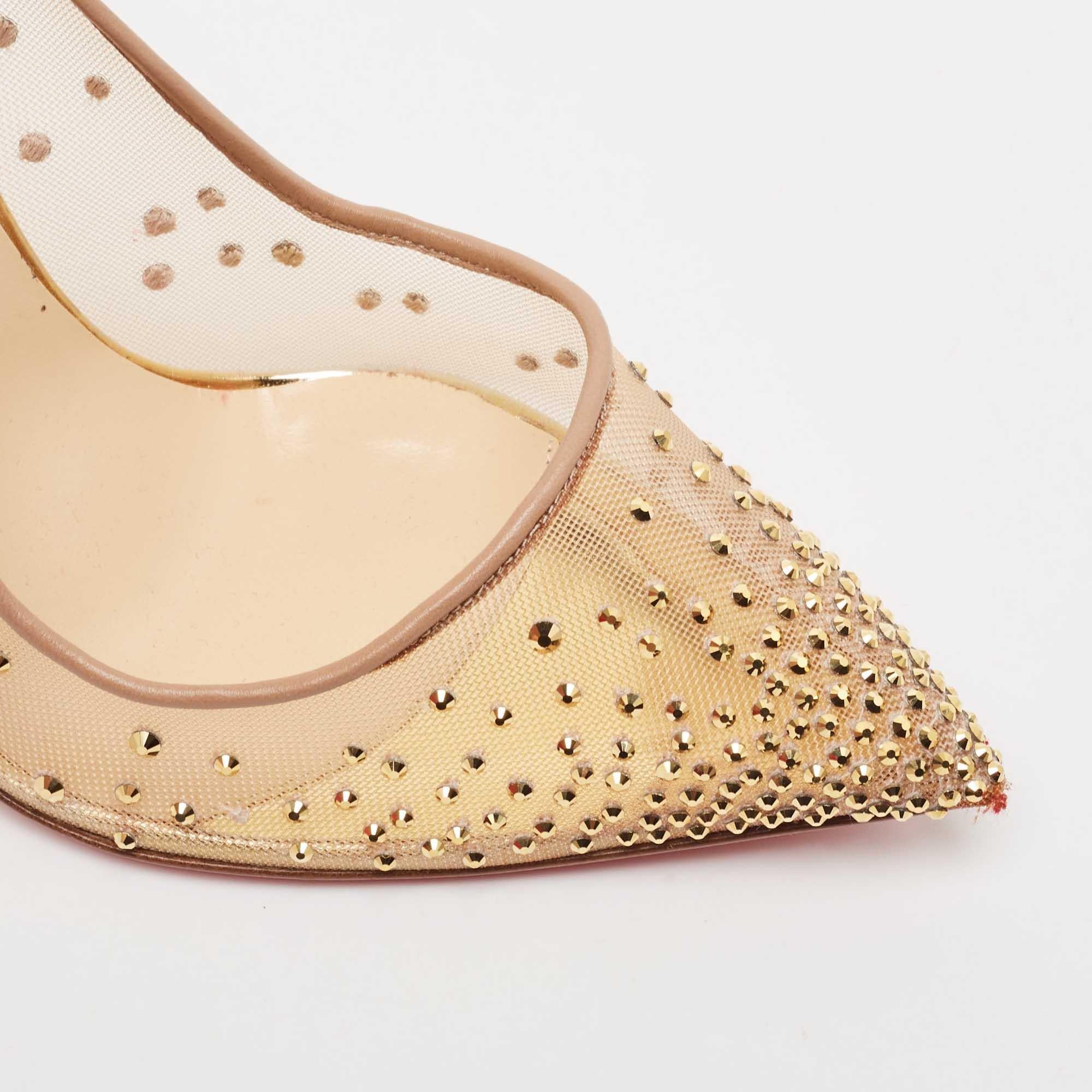 Christian Louboutin Gold Crystal Embellished Leather and Mesh Follies Strass  For Sale 2