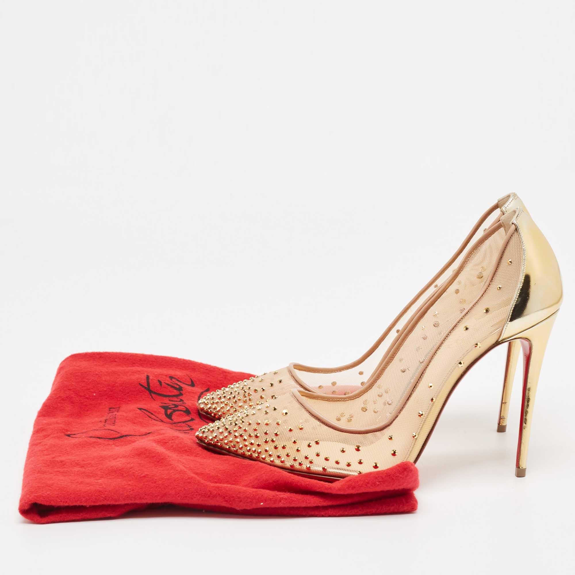 Christian Louboutin Gold Crystal Embellished Leather and Mesh Follies Strass  For Sale 4