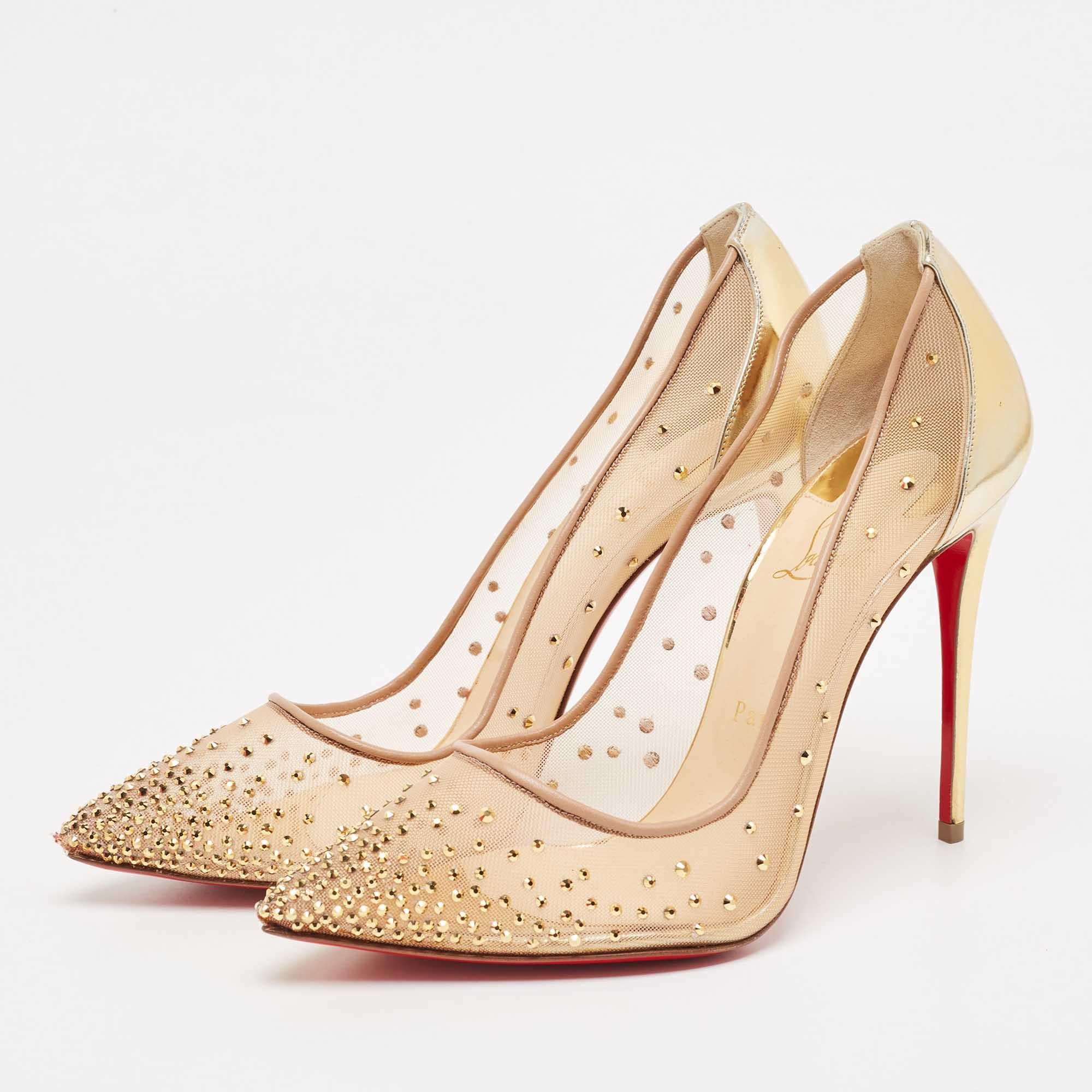 Christian Louboutin Gold Crystal Embellished Leather and Mesh Follies Strass  For Sale 5