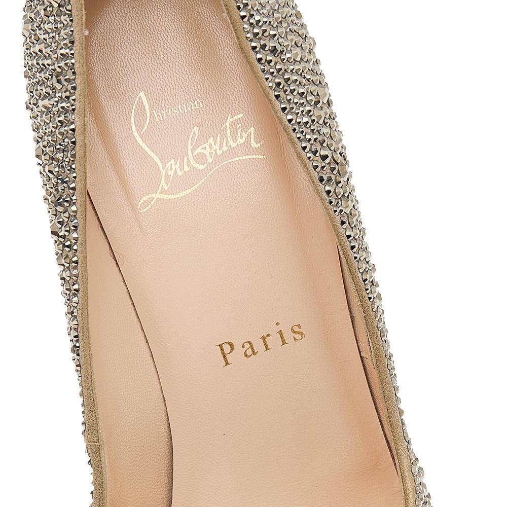 Christian Louboutin Gold Crystal Suede Rhinestone Peep Toe Pumps Size 38 For Sale 1