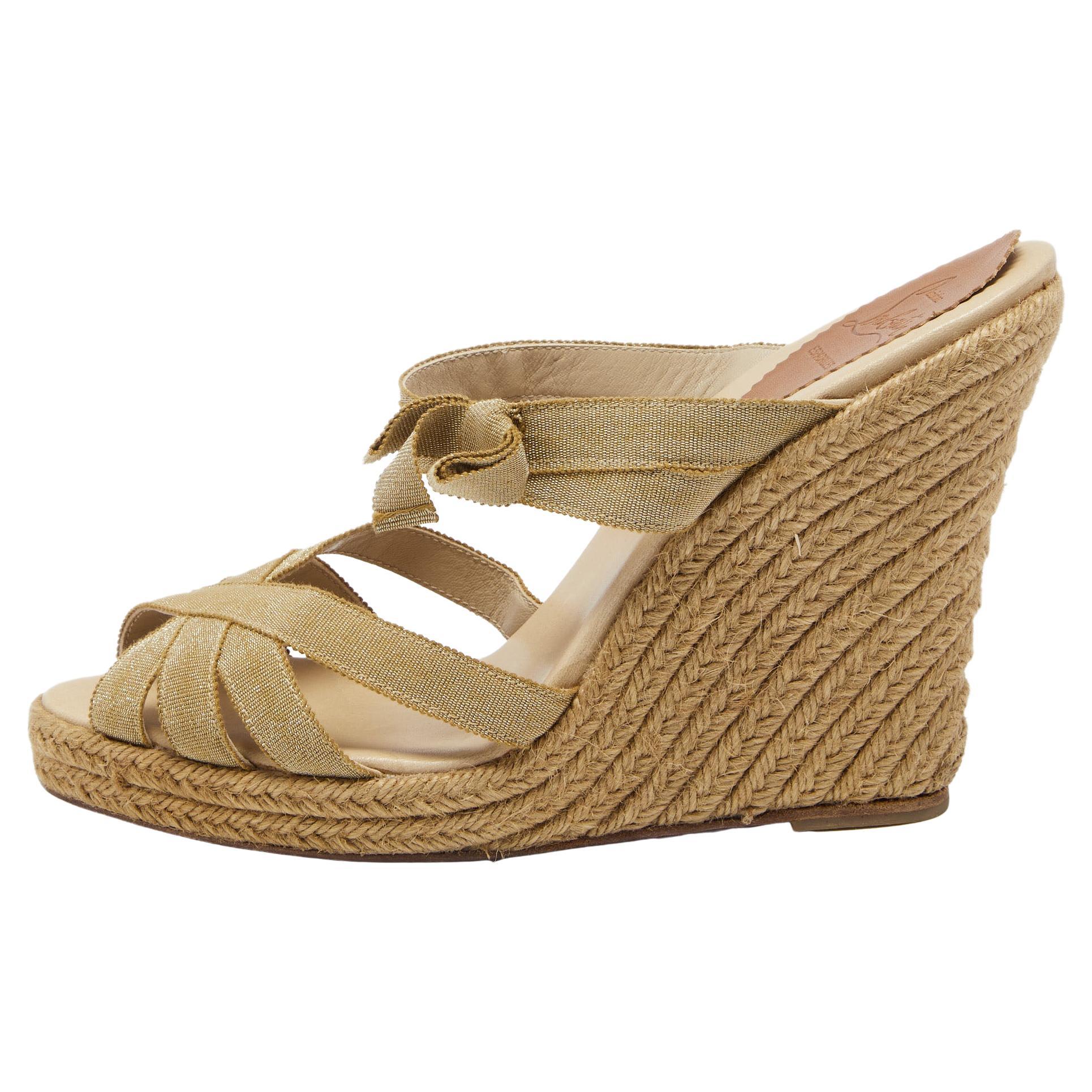 Christian Louboutin Gold Fabric Delfin Espadrille Wedge Sandals Size 41