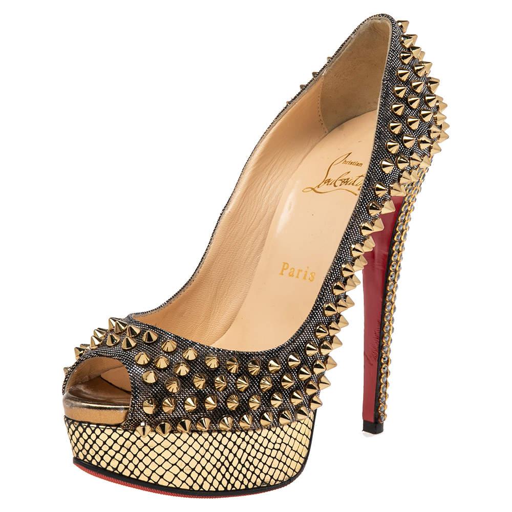 Christian Louboutin Gold Fabric Lady Peep Toe Spike Platform Pumps Size 36.5 2