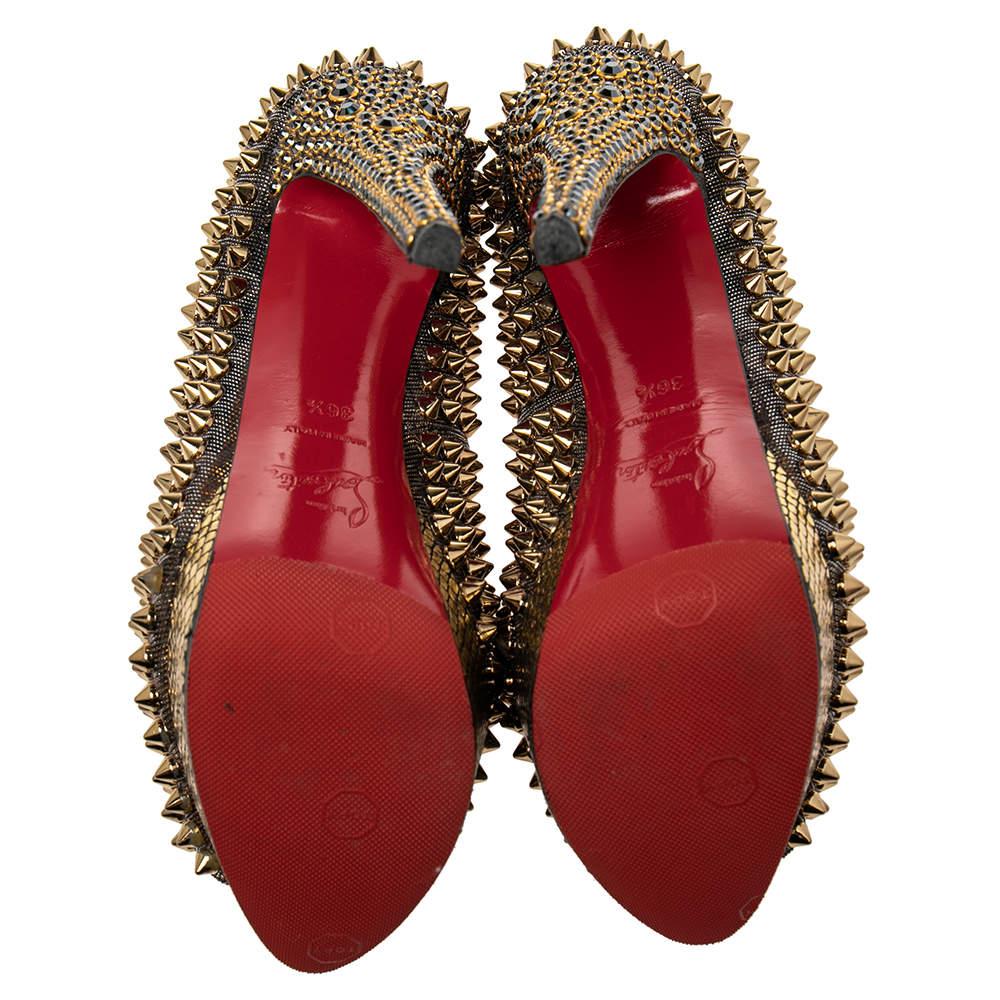 Christian Louboutin Gold Fabric Lady Peep Toe Spike Platform Pumps Size 36.5 3