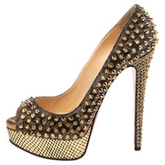 Used Christian Louboutin Gold Fabric Lady Peep Toe Spike Platform Pumps Size 36.5