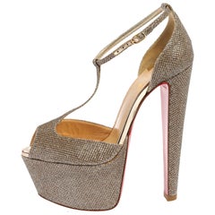 Christian Louboutin Metallic Gold Glitter Fabric Knotted Peep Toe Pumps ...