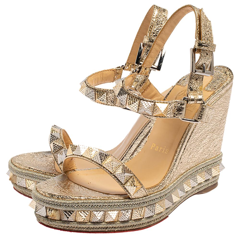 Christian Louboutin Gold Foil Leather Studded Pyradiams Wedge Sandals Size  36