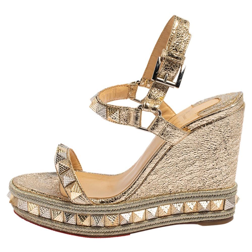 Christian Louboutin Gold Foil Leather Studded Pyradiams Wedge Sandals Size  36