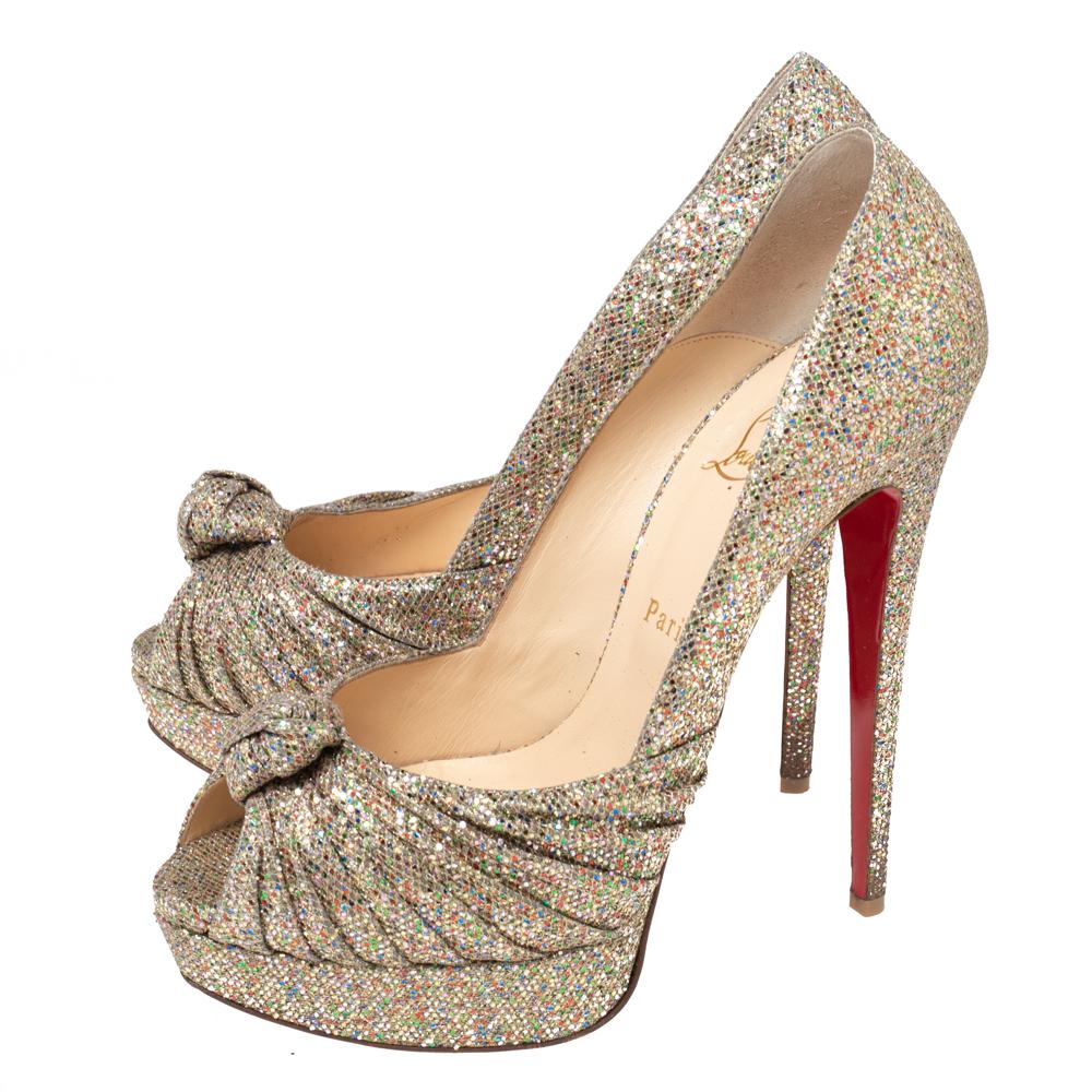 Christian Louboutin Gold Glitter and Fabric Lady Gres Peep Toe Pumps Size 41 2