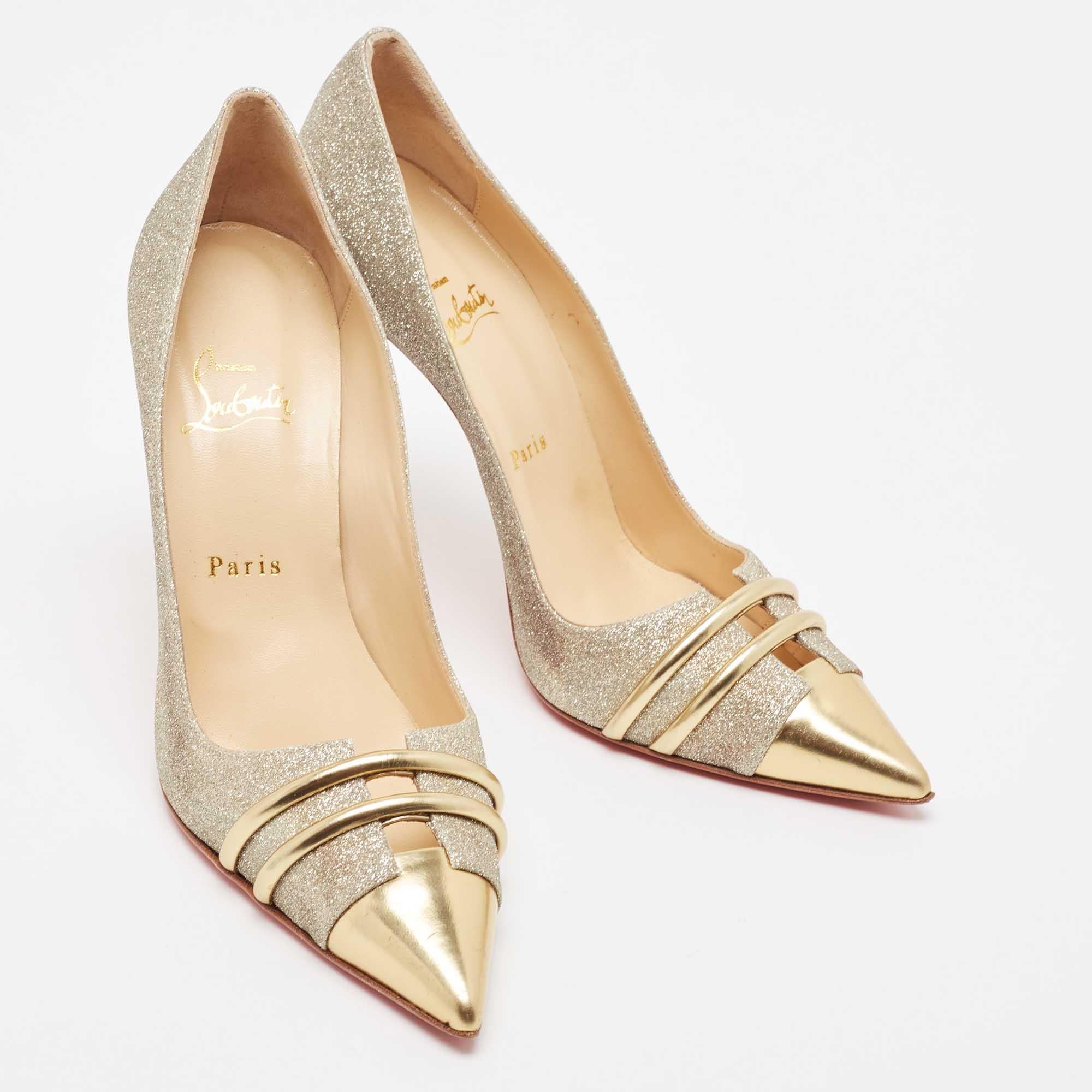Christian Louboutin Gold Glitter and Leather Front Double Pumps Size 39.5 1