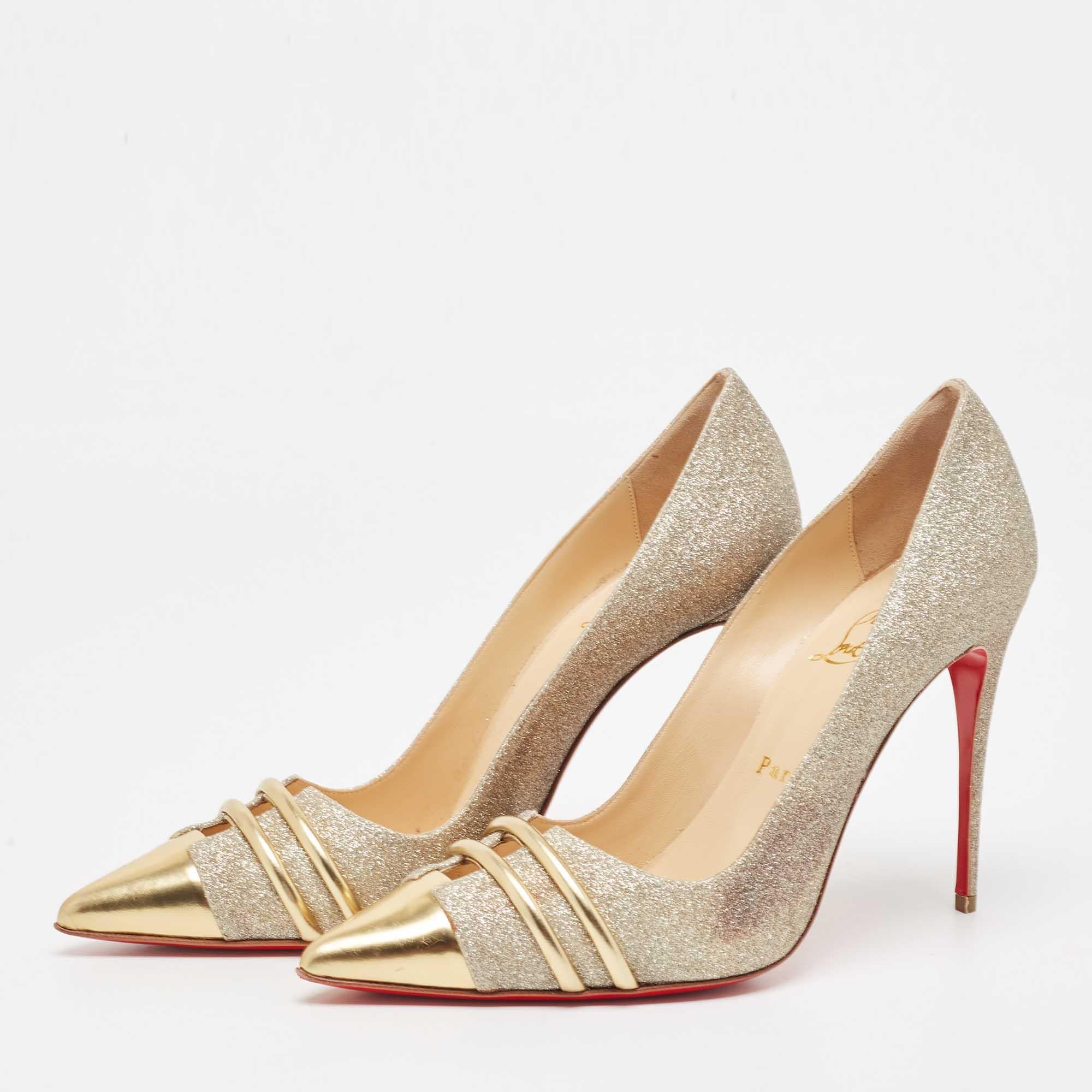 Christian Louboutin Gold Glitter and Leather Front Double Pumps Size 39.5 4