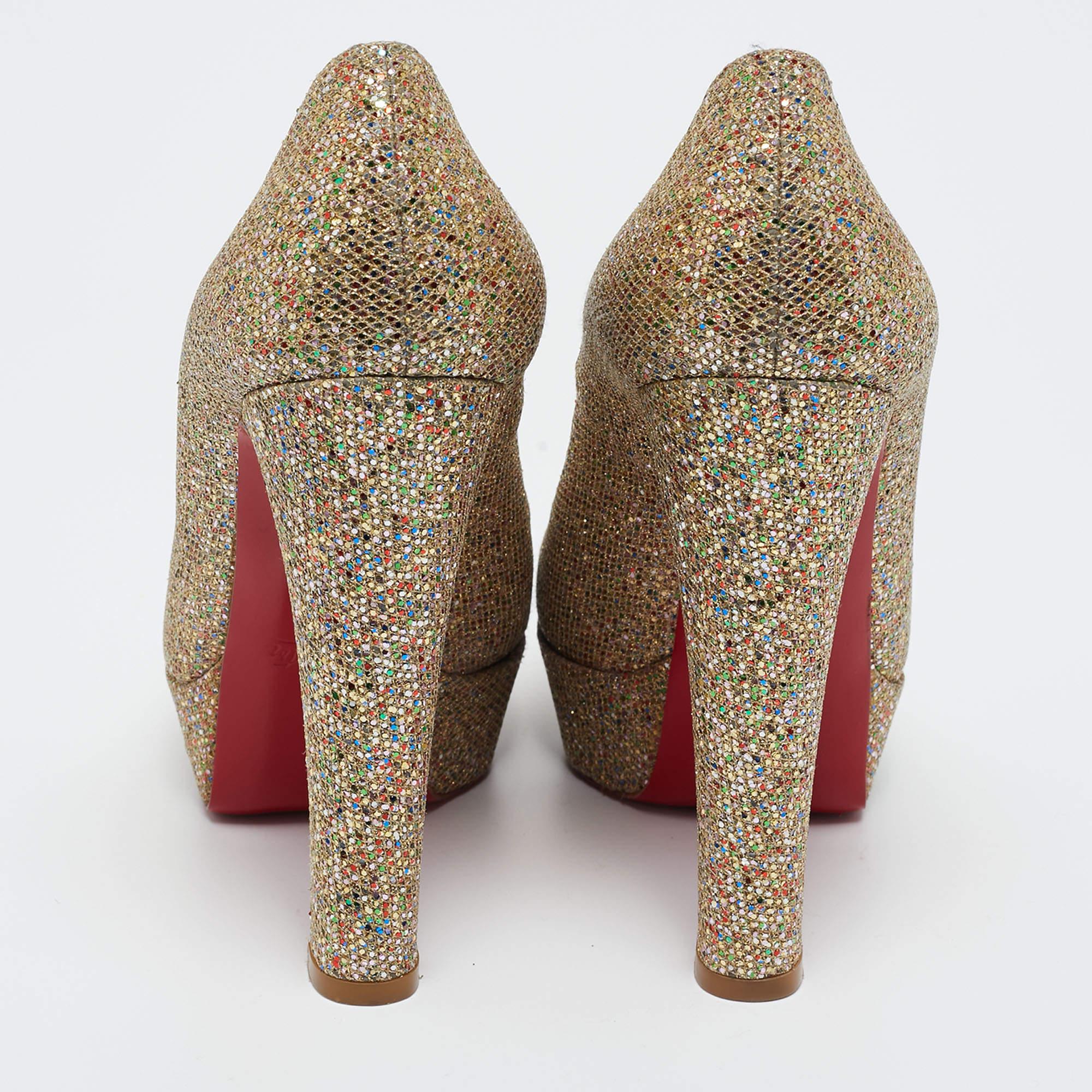 Brown Christian Louboutin Gold Glitter Bibi Platform Pumps Size 37.5
