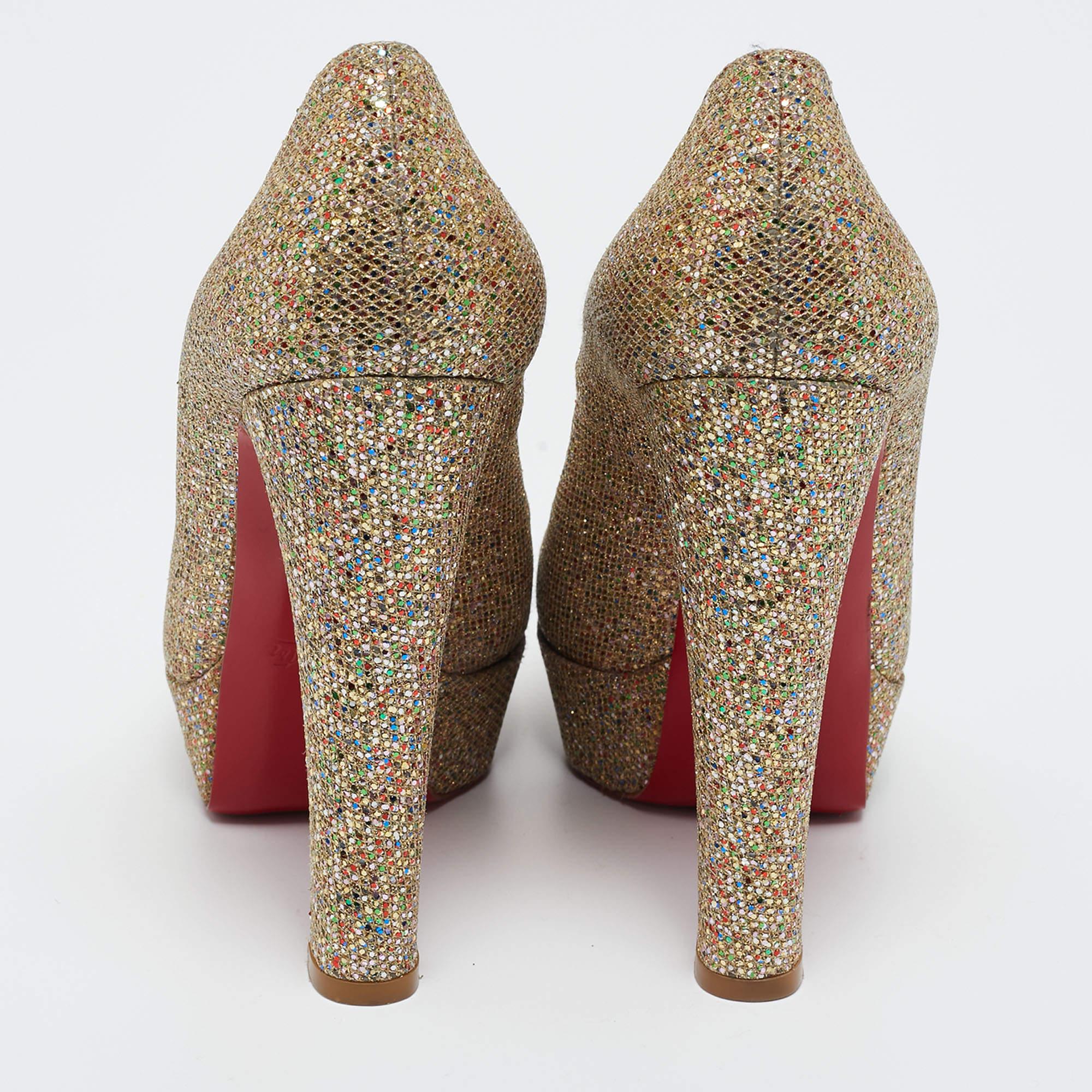 Brown Christian Louboutin Gold Glitter Bibi Platform Pumps Size 37.5 For Sale