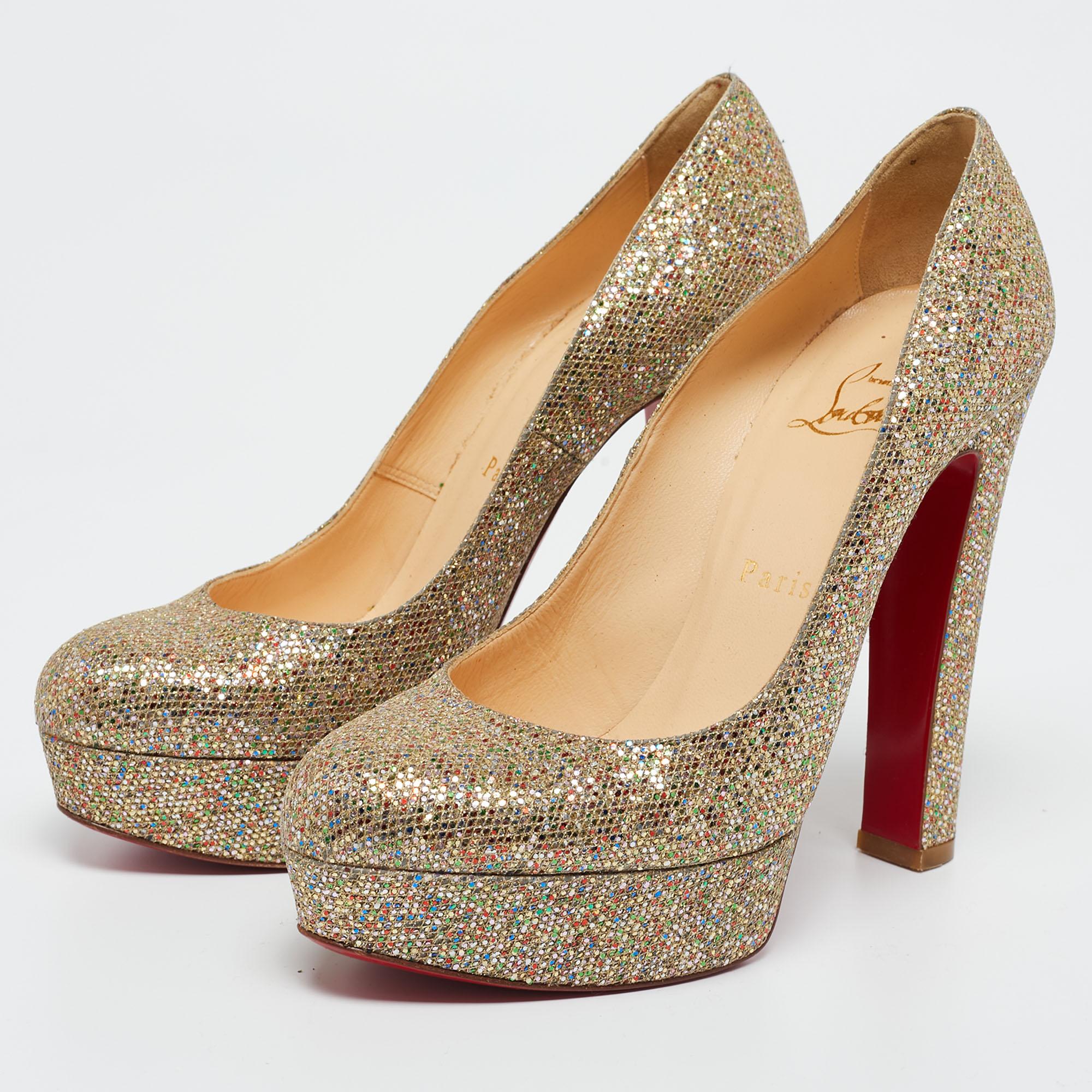 Women's Christian Louboutin Gold Glitter Bibi Platform Pumps Size 37.5 For Sale