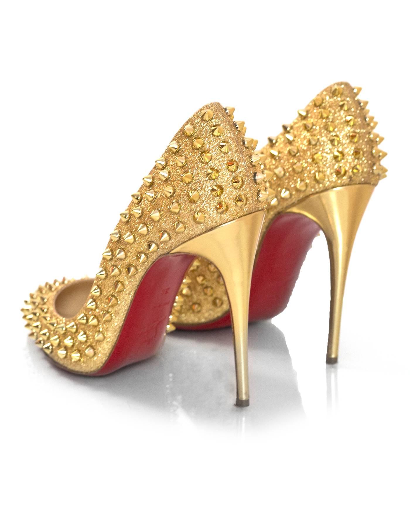 Brown Christian Louboutin Gold Glitter Follies Spikes 100 Pumps with Box, DB
