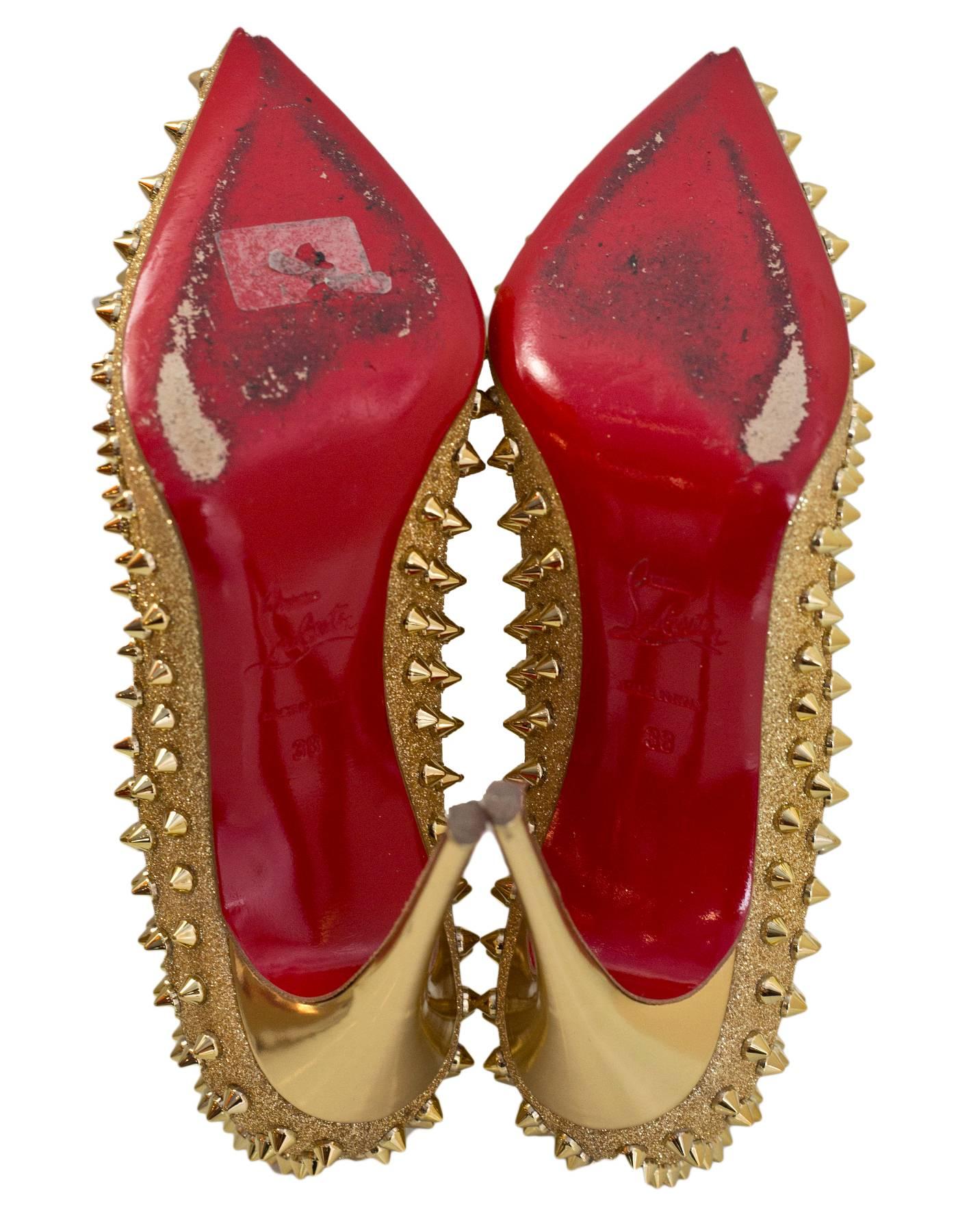 Christian Louboutin Gold Glitter Follies Spikes 100 Pumps with Box, DB In Excellent Condition In New York, NY