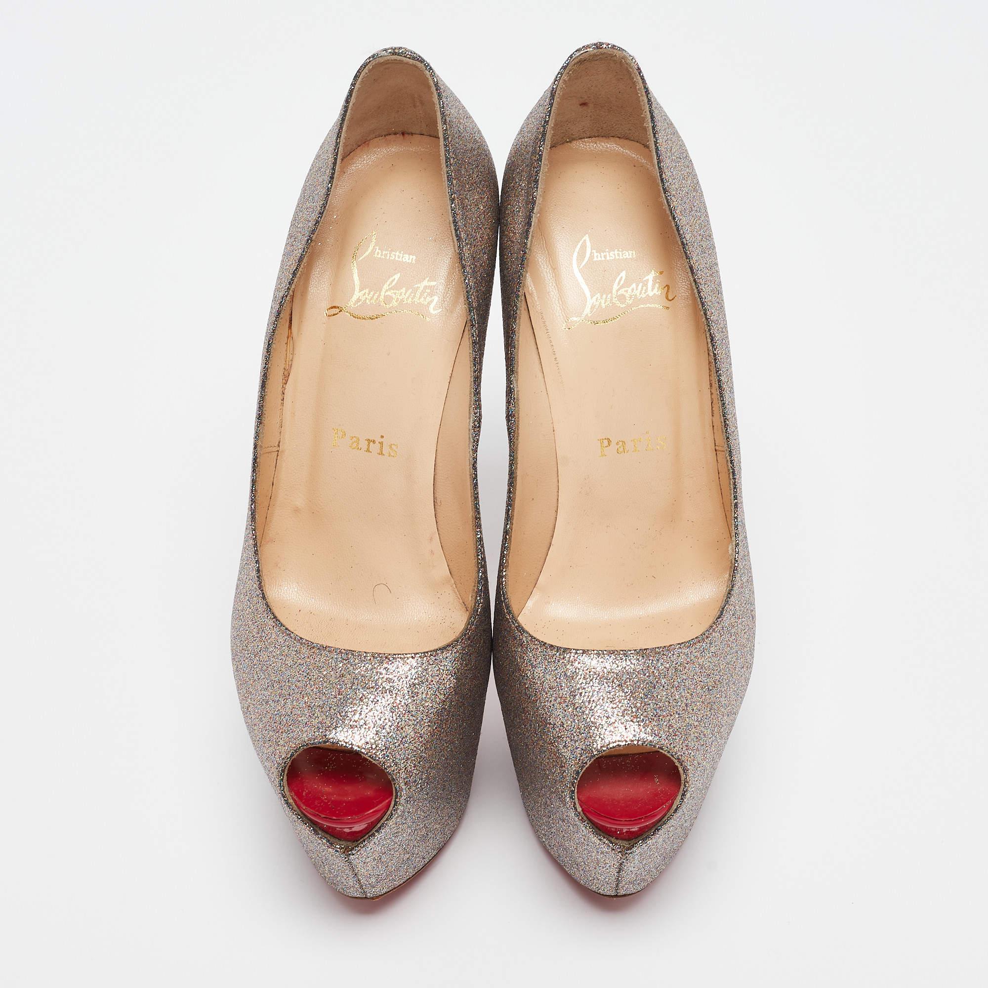 Gray Christian Louboutin Gold Glitter Highness Peep Toe Platform Pumps Size 36.5