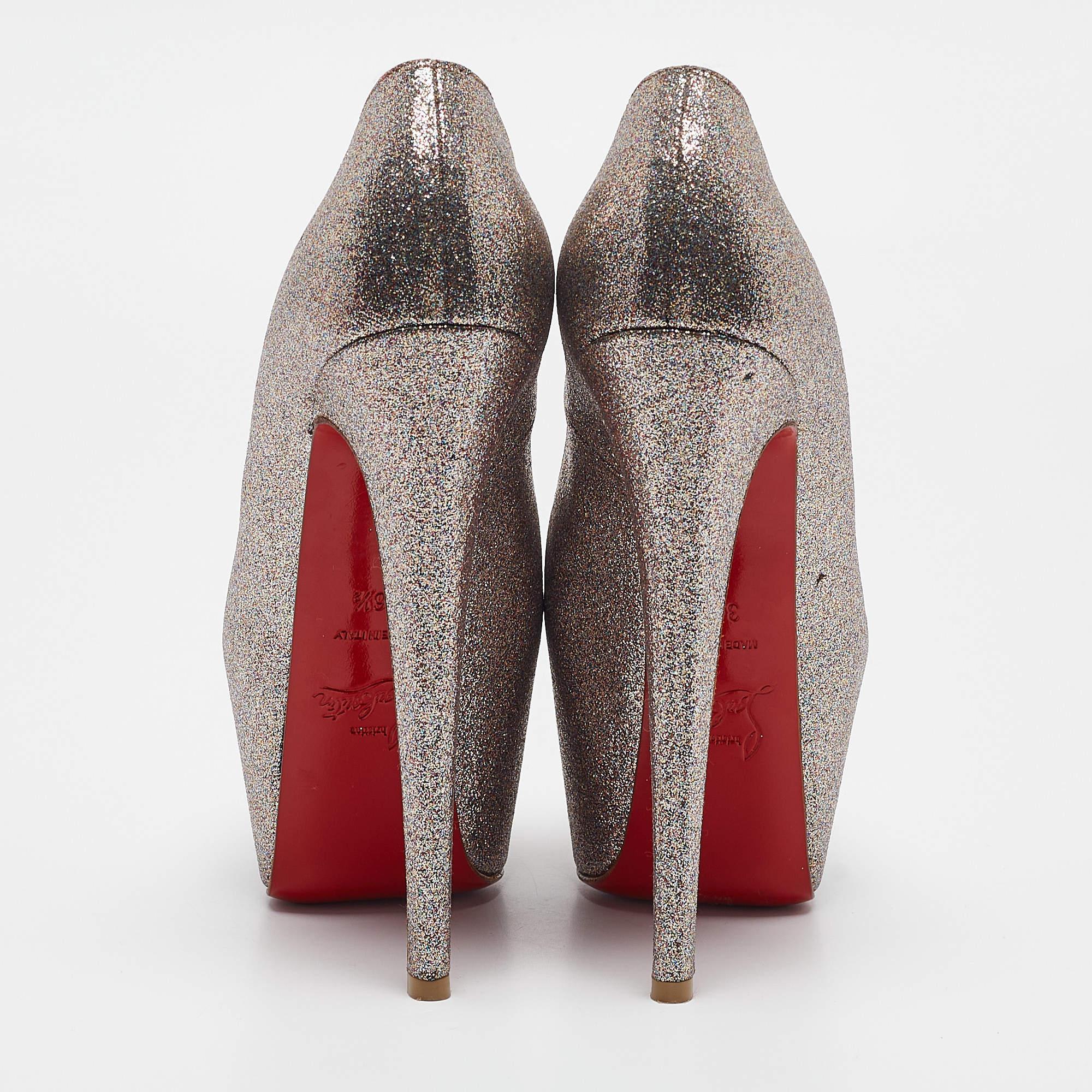 Women's Christian Louboutin Gold Glitter Highness Peep Toe Platform Pumps Size 36.5