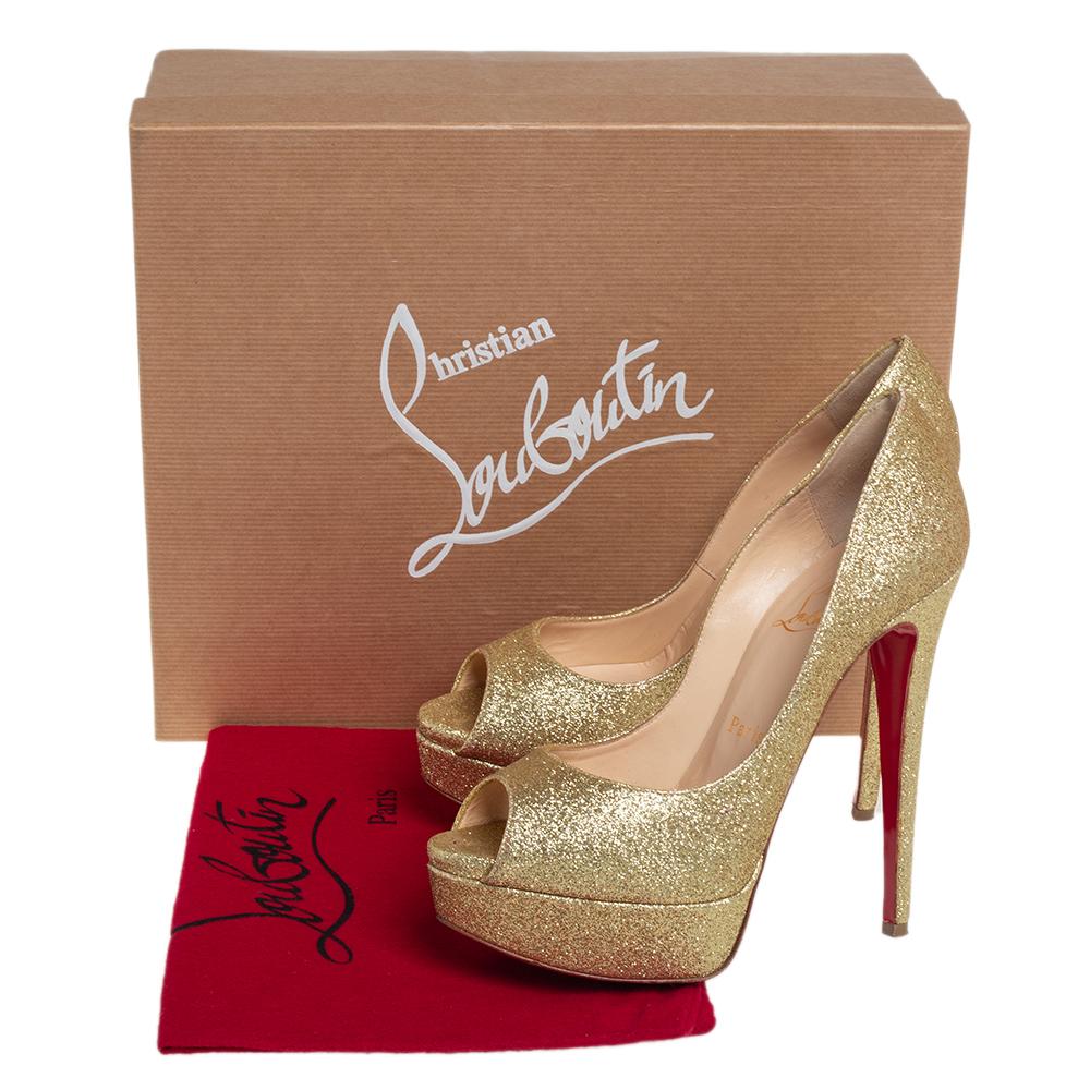 Christian Louboutin Gold Glitter Lady Peep Toe Platform Pumps Size 36.5 1