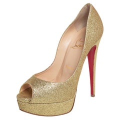 Christian Louboutin Gold Glitter Lady Peep Toe Platform Pumps Size 36.5