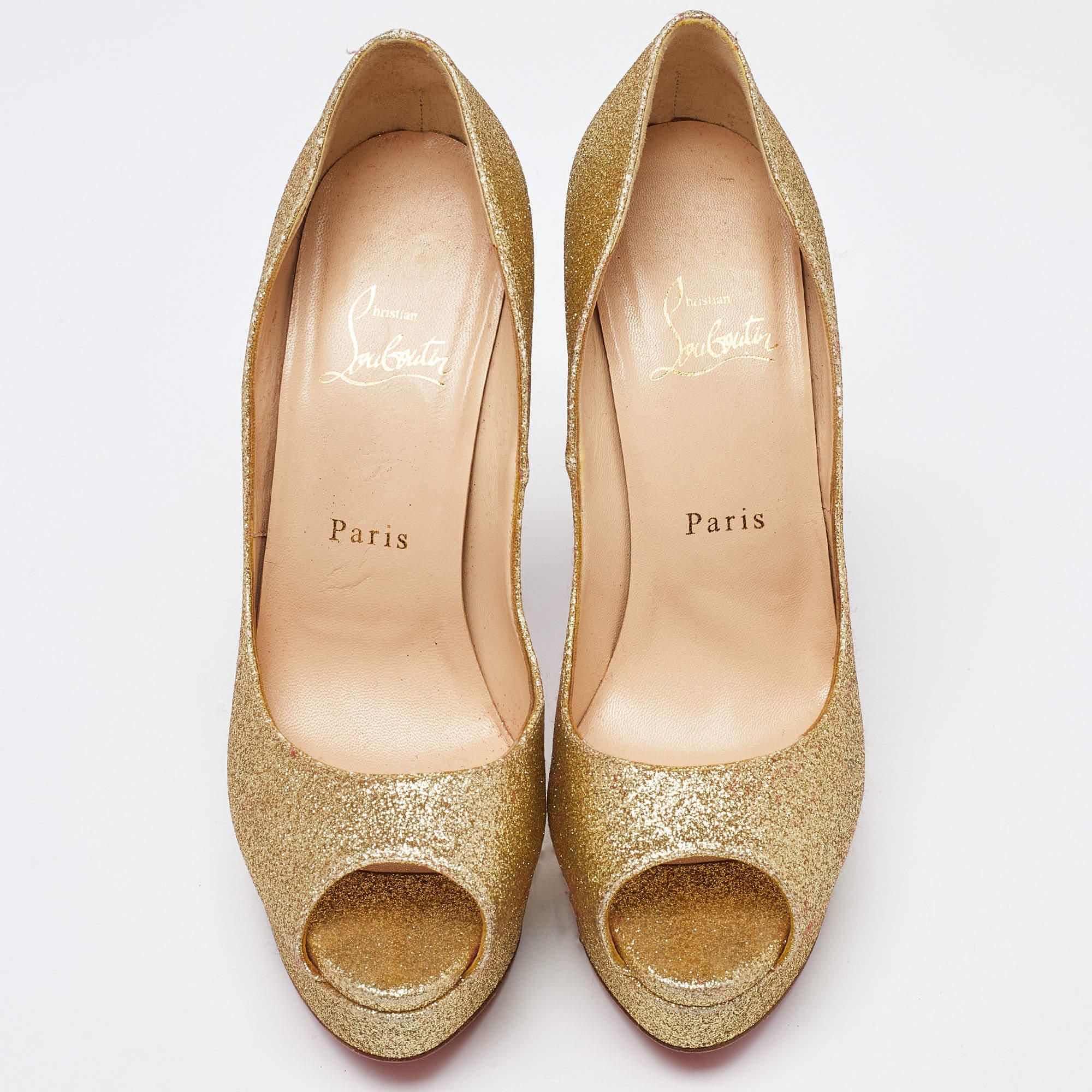 Brown Christian Louboutin Gold Glitter Lady Peep Toe Platform Pumps Size 38.5