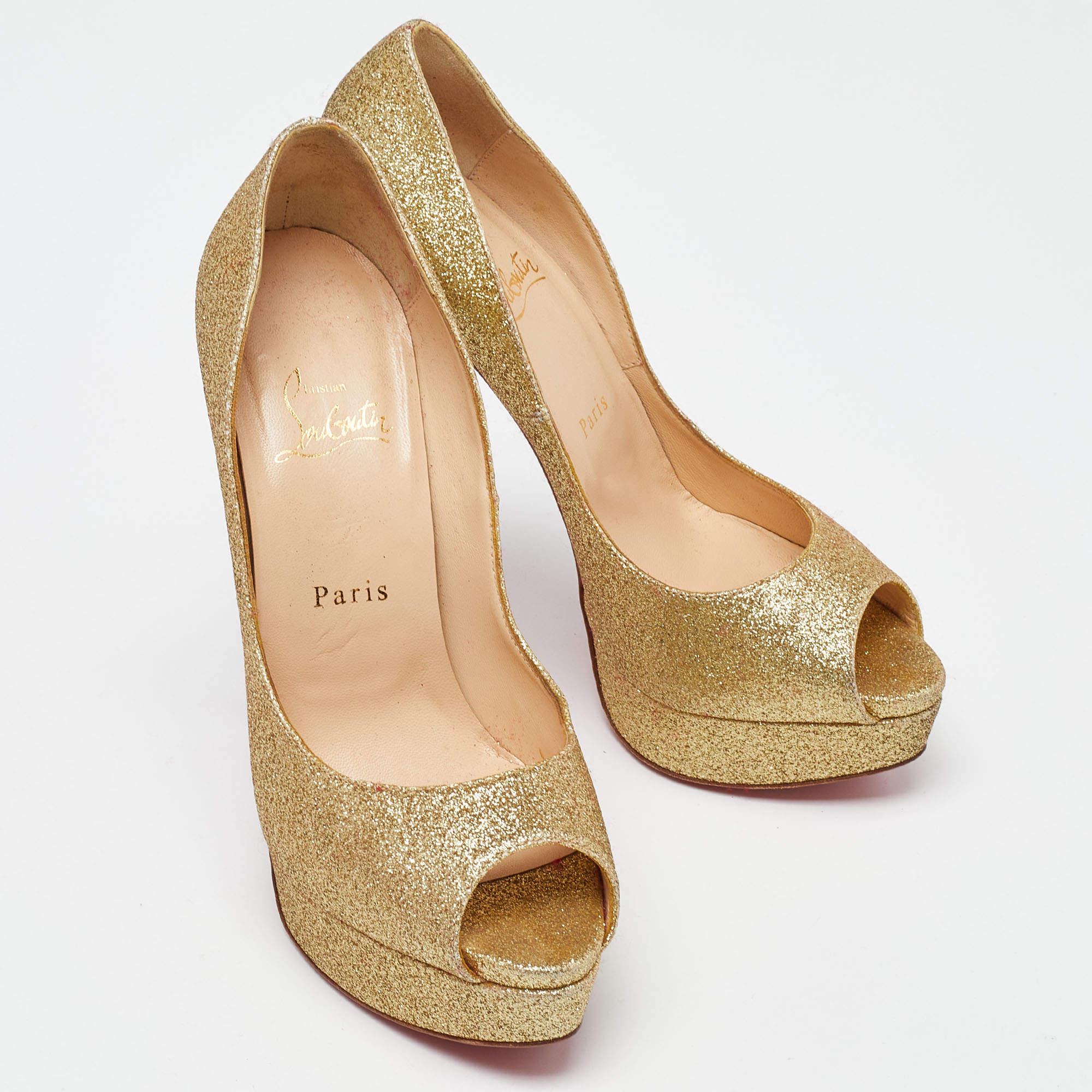 Christian Louboutin Gold Glitter Lady Peep Toe Platform Pumps Size 38.5 In Good Condition In Dubai, Al Qouz 2