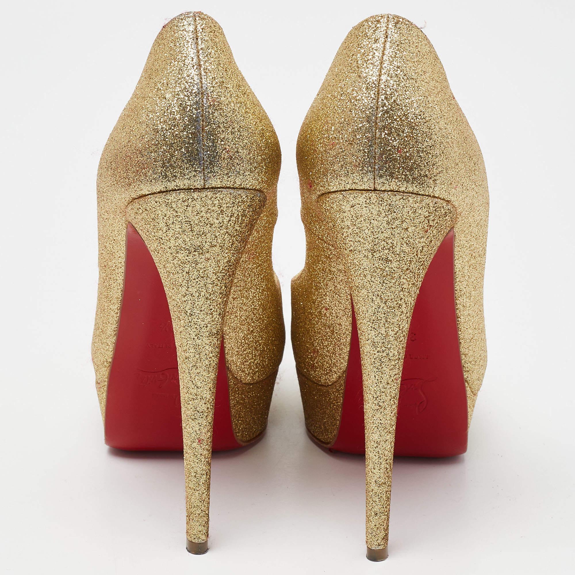 Women's Christian Louboutin Gold Glitter Lady Peep Toe Platform Pumps Size 38.5