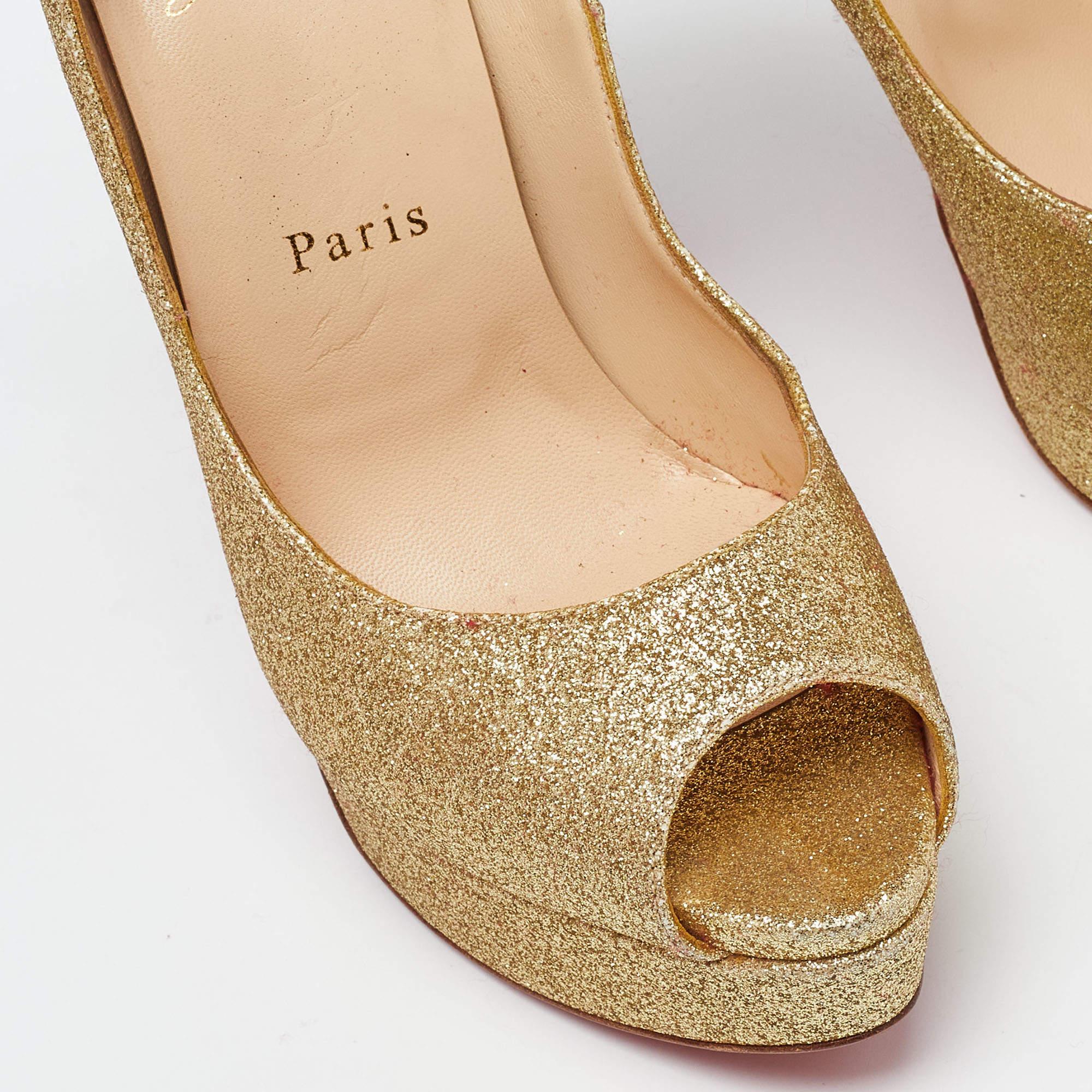 Christian Louboutin Gold Glitter Lady Peep Toe Platform Pumps Size 38.5 2