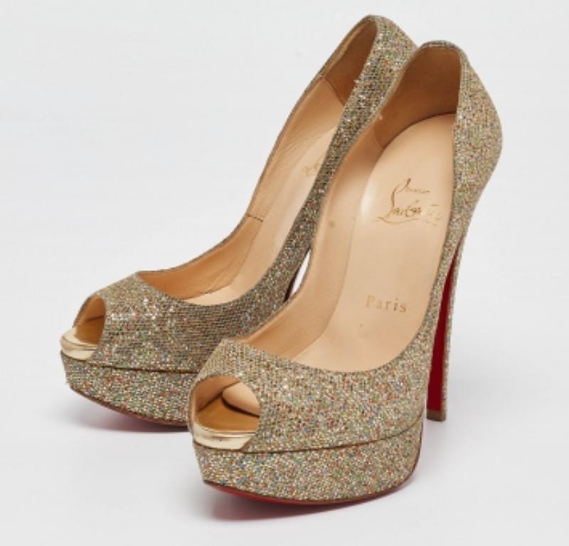 Christian Louboutin Glitter dorado Lady Peep Toe Pumps Talla 36.5 Marrón en venta