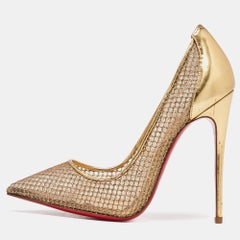Christian Louboutin Gold Glitter Mesh Leather Fishnet Pointed Toe Pumps Size 36