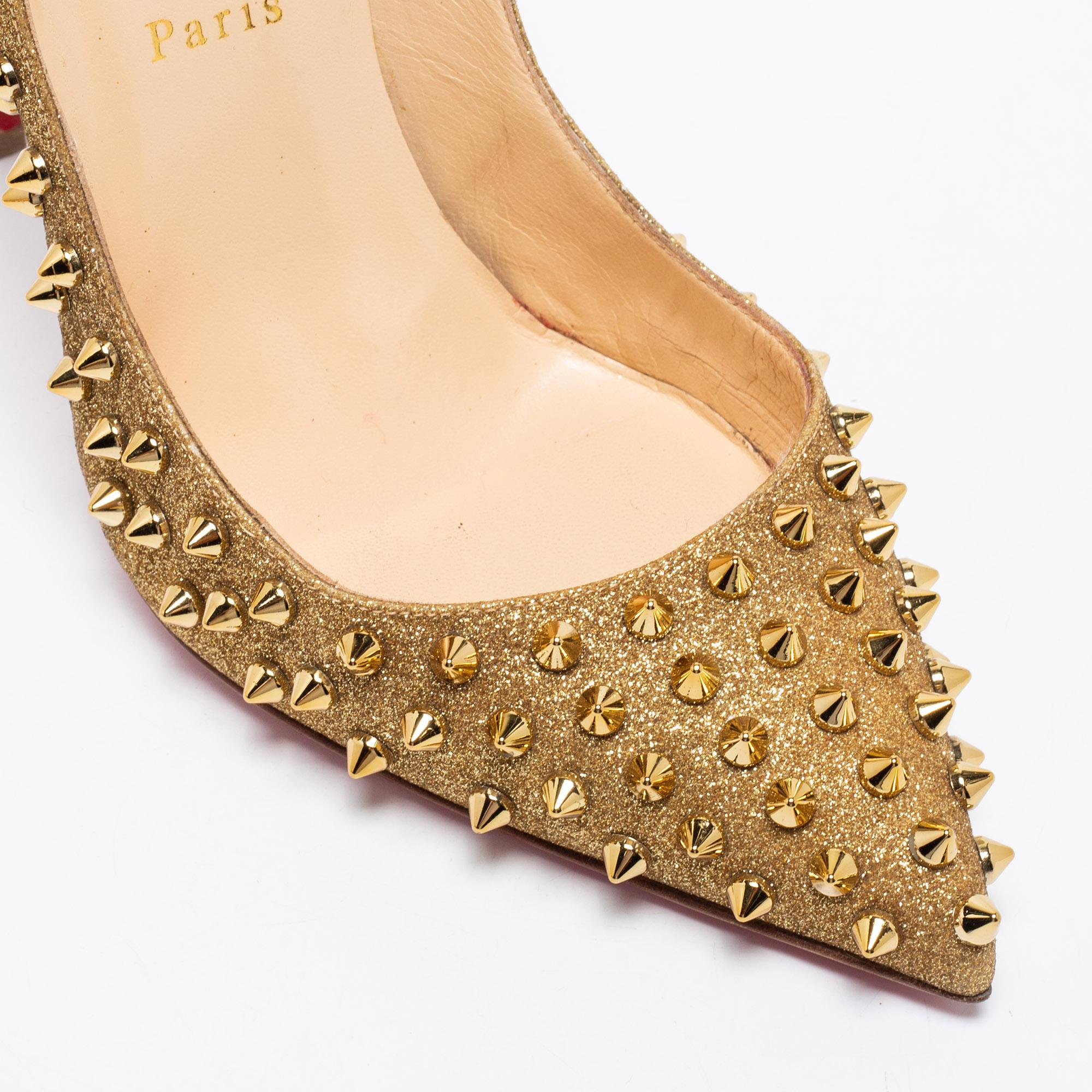 Women's Christian Louboutin Gold Glitter Pigalle Follies Spikes Pumps Size 41