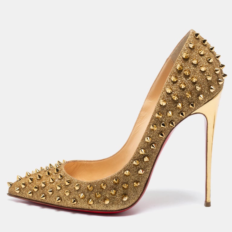Christian Louboutin Gold Glitter Pigalle Follies Spikes Pumps Size 41