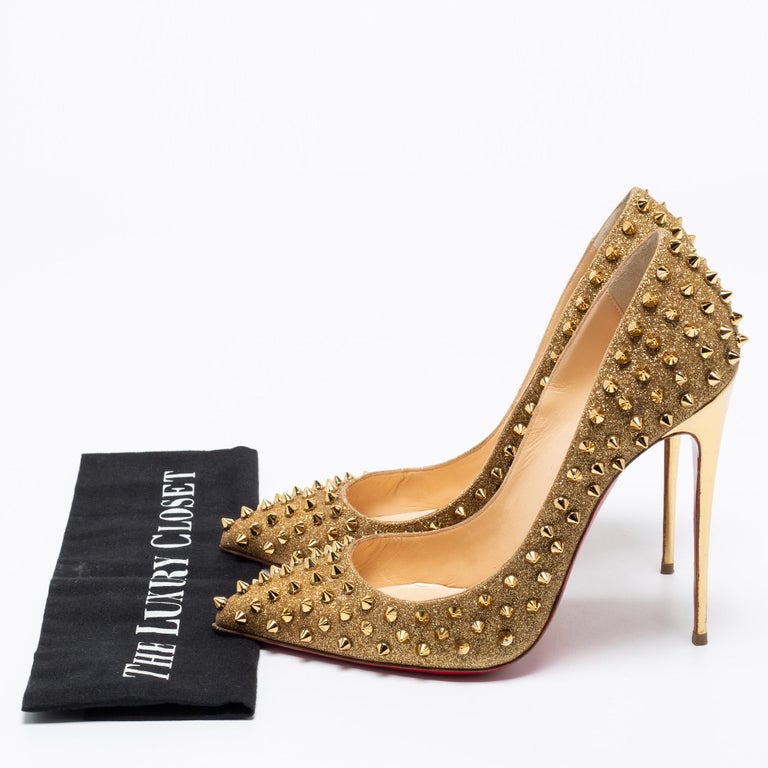 Christian Louboutin Gold Glitter Pigalle Follies Spikes Pumps Size 41