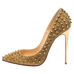 Christian Louboutin Gold Glitter Pigalle Follies Spikes Pumps Size 41