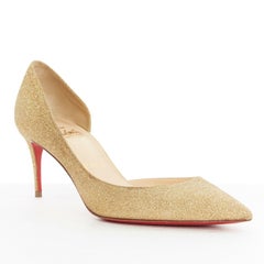 CHRISTIAN LOUBOUTIN gold glitter pointed toe half dorsay mid heel pumps EU36.5