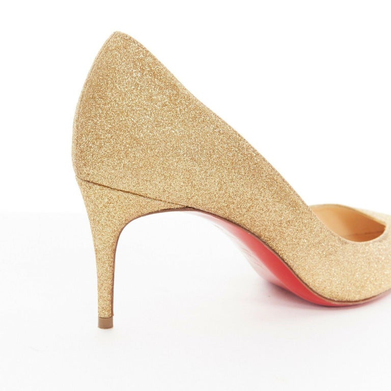 CHRISTIAN LOUBOUTIN gold glitter pointed toe half dorsay mid heel pumps