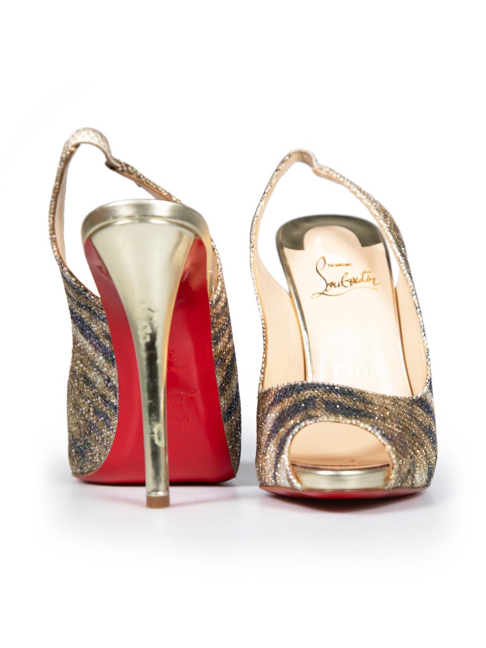 Christian Louboutin Gold Glitter Zebra Accent Slingback Heels Size IT 37.5 In Excellent Condition In London, GB