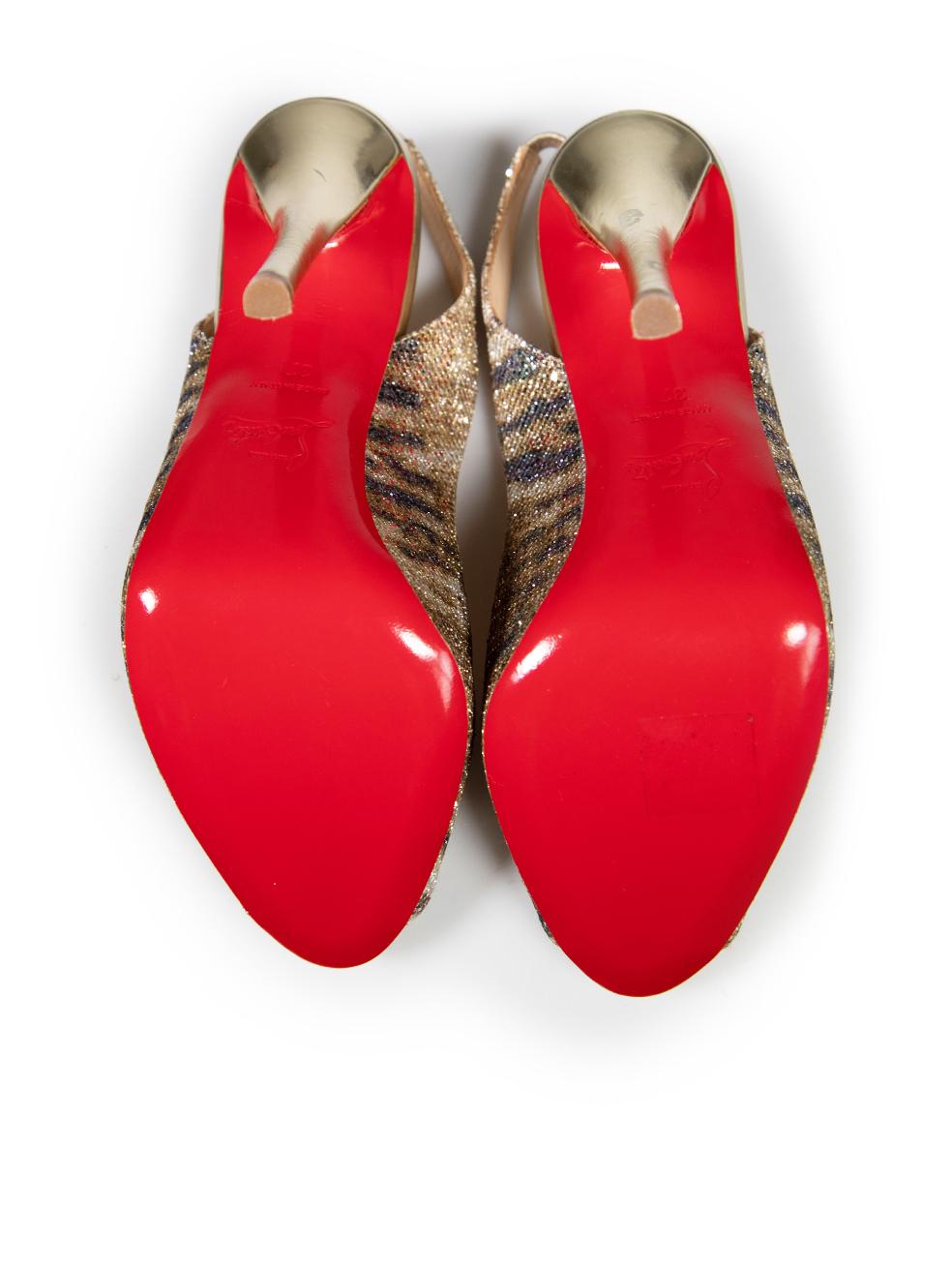 Women's Christian Louboutin Gold Glitter Zebra Accent Slingback Heels Size IT 37.5