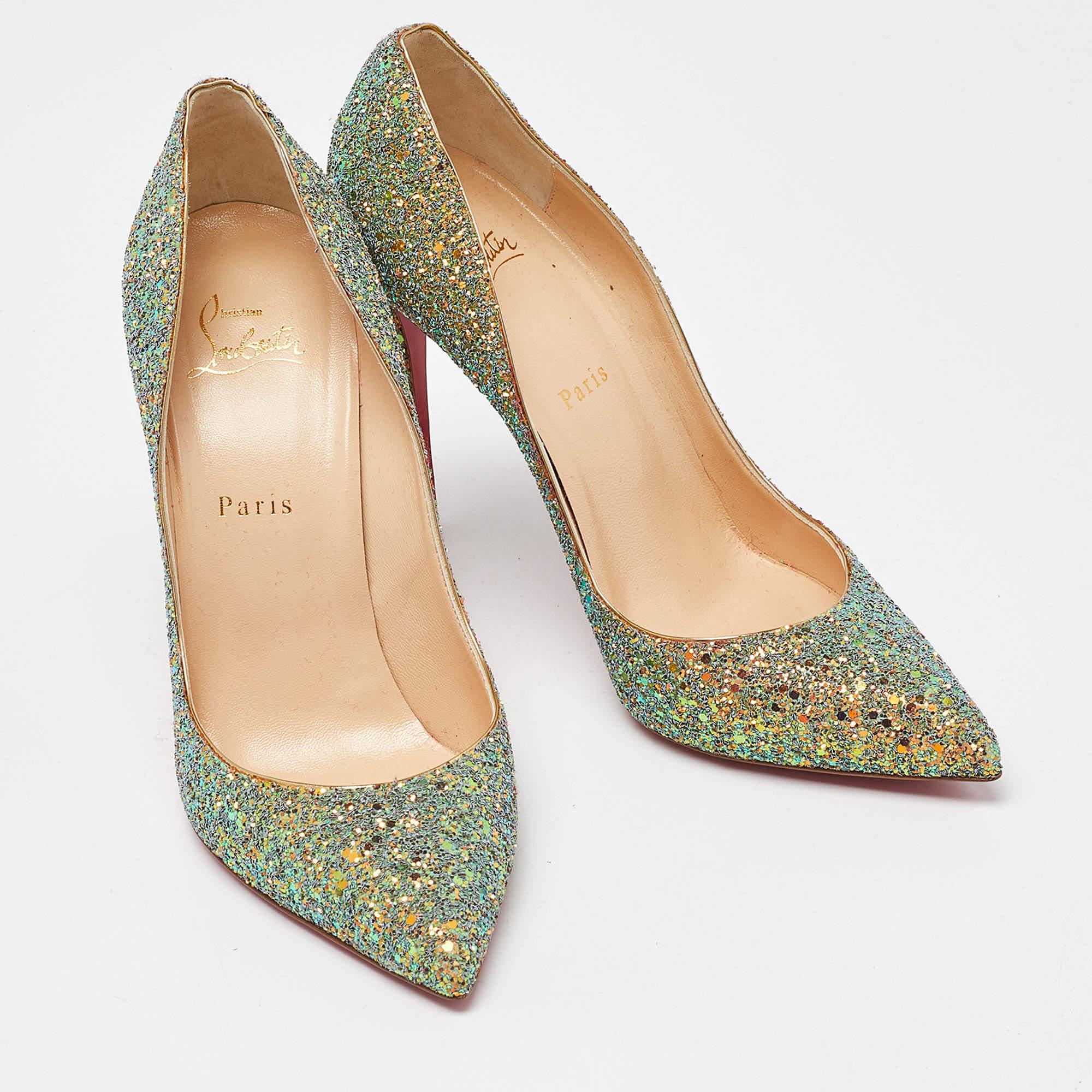 Christian Louboutin Gold/Green Glitter Pigalle Follies Pumps Size 40.5 For Sale 3