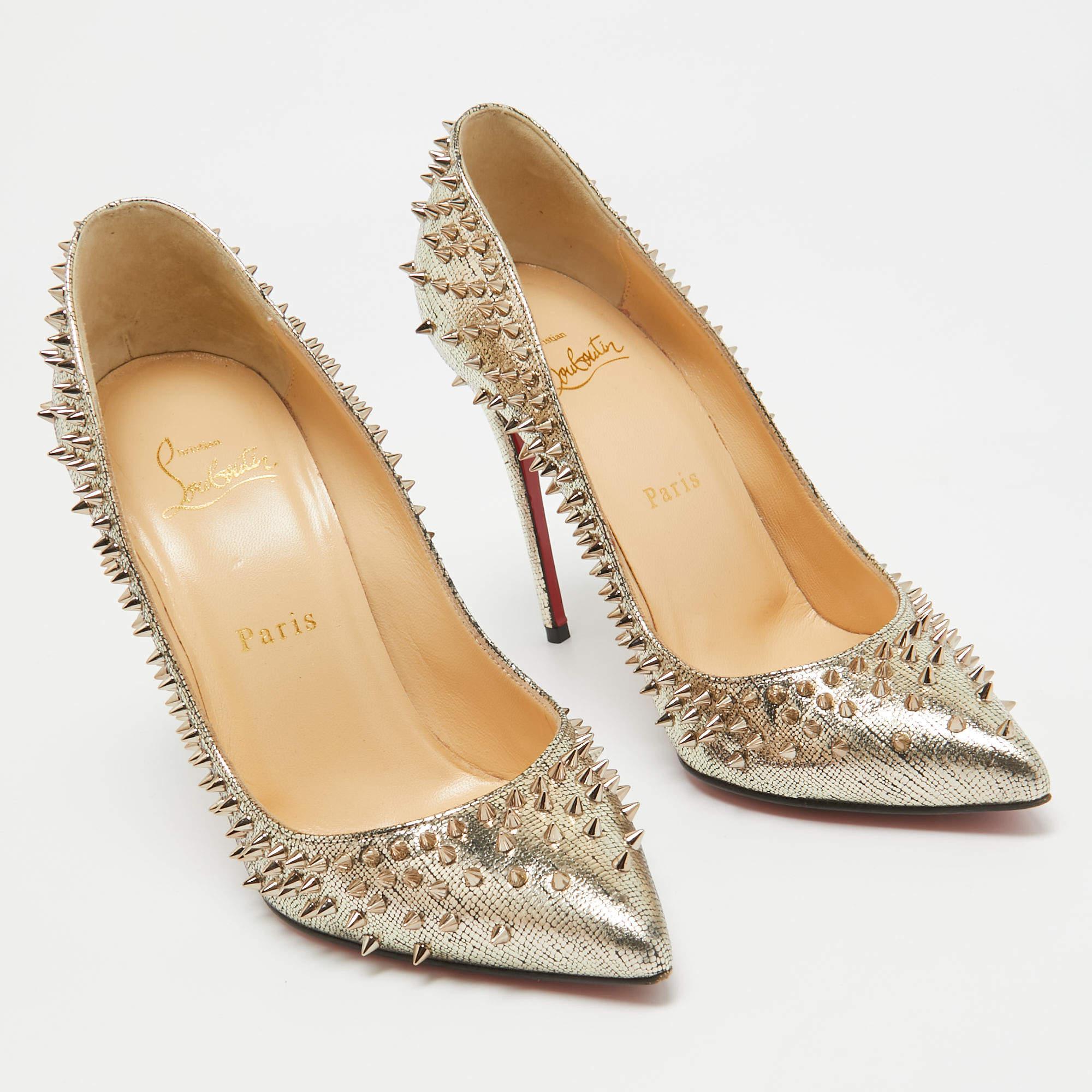 Women's Christian Louboutin Gold Laminated Suede Escarpic Spike Pumps Size 37.5