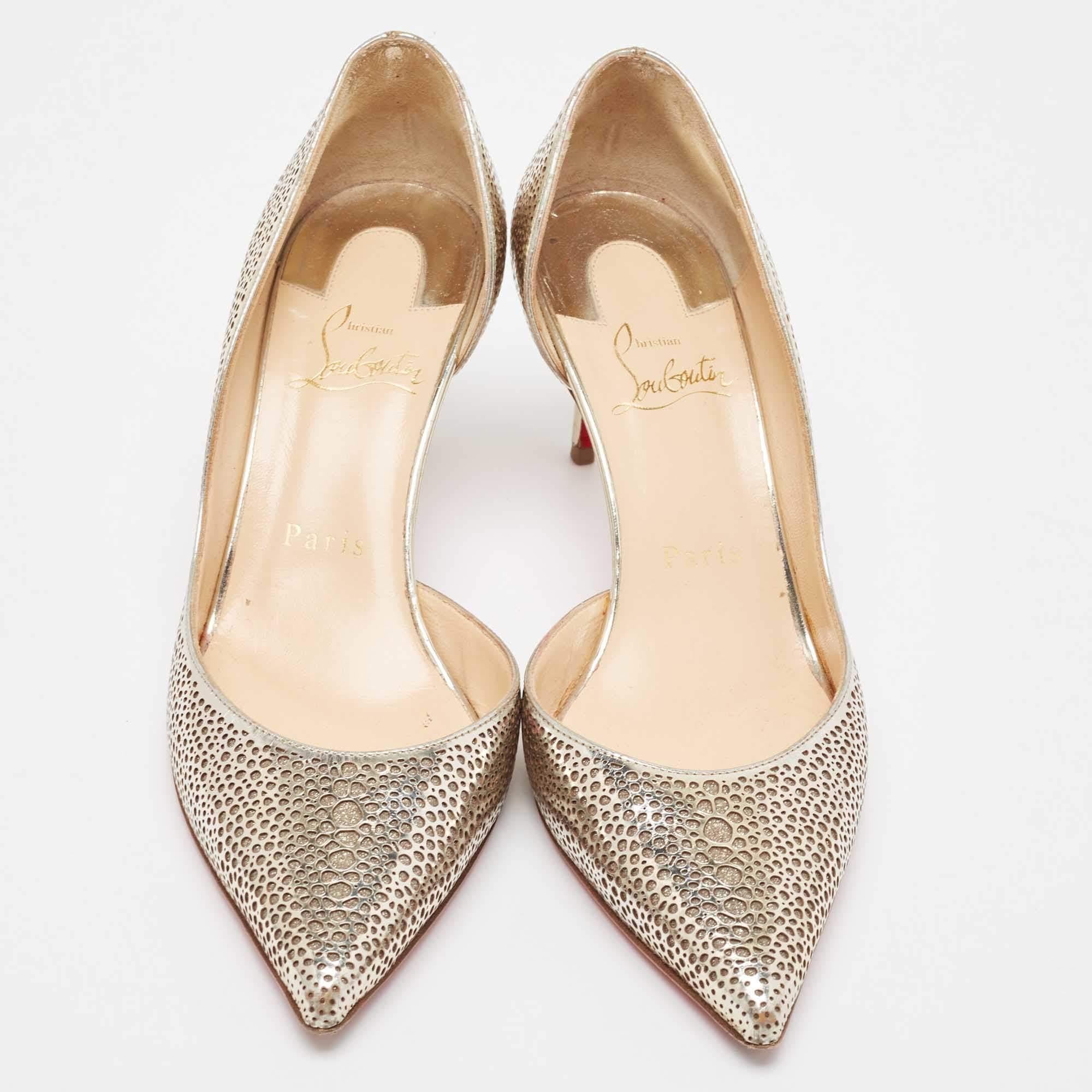 Women's Christian Louboutin Gold Laser Cut Leather and Glitter Galu D'orsay Pumps Size 3 For Sale