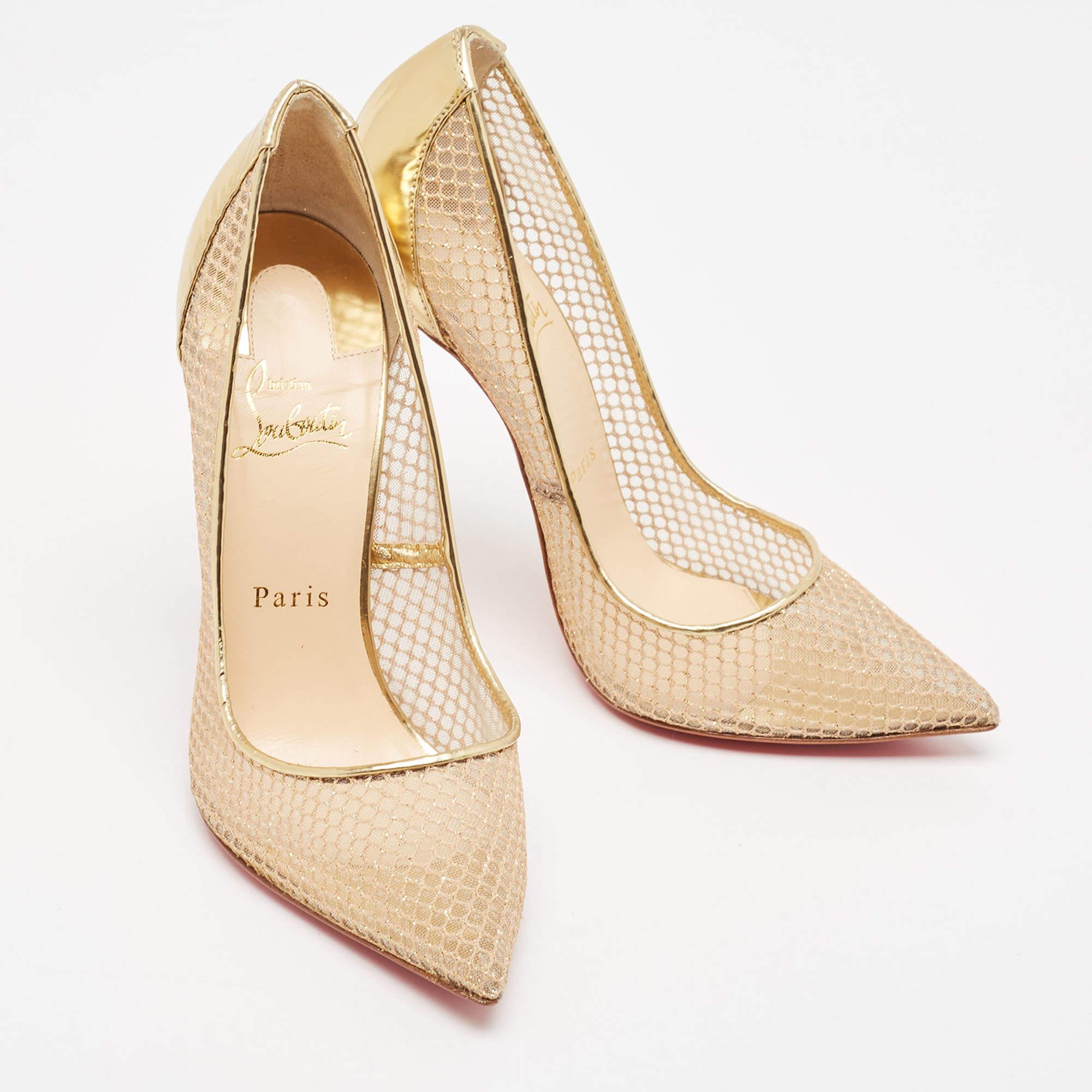 Christian Louboutin Gold Leather and Mesh Follies Resille Pumps Size 39 In Excellent Condition In Dubai, Al Qouz 2