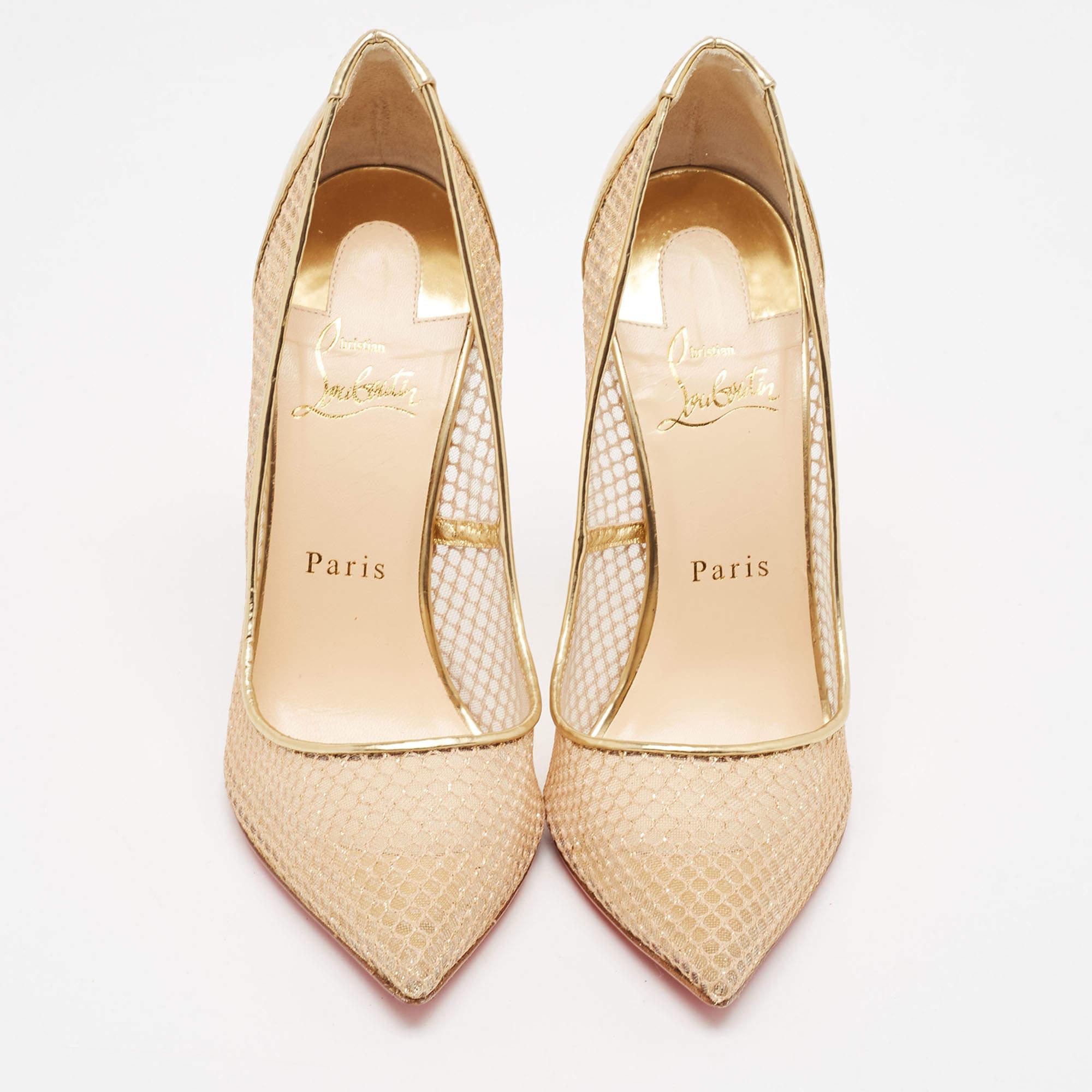 Christian Louboutin Gold Leather and Mesh Follies Resille Pumps Size 39 4